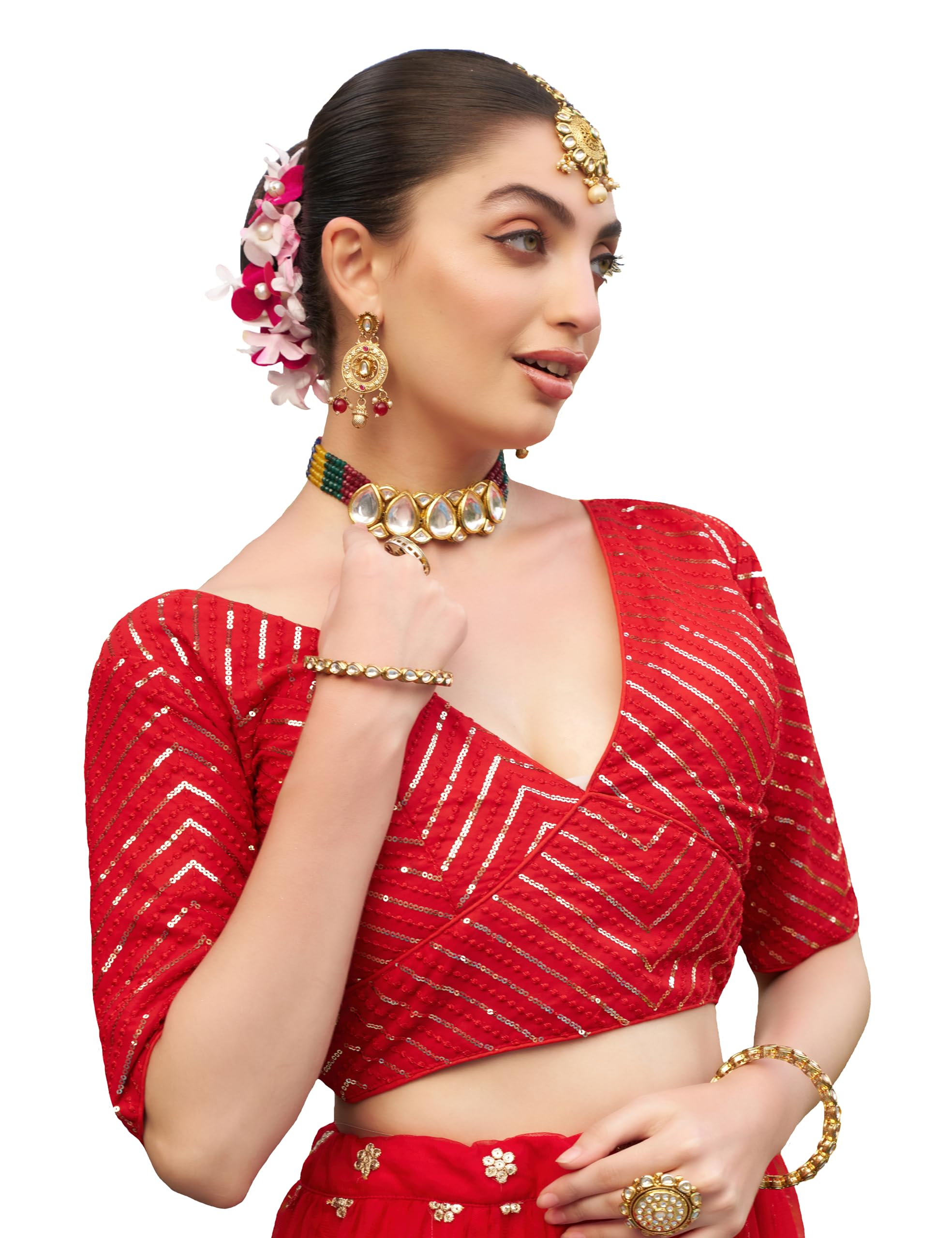 Pujia MillsWomens Fancy Readymade Ethnic wear Half Sleeve Sequins Saree Blouse sabyasachi Blouse for Women Saree and Lehenga Choli Bridal Blouse