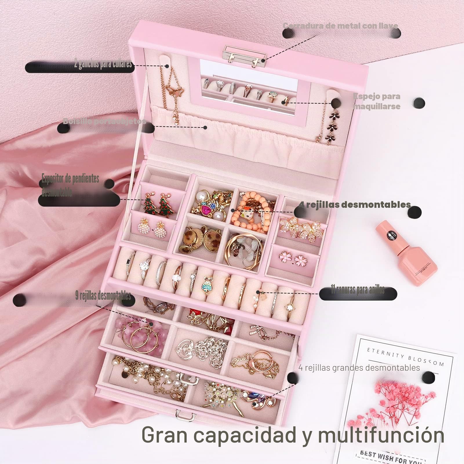 Caja joyero, Organizador de Joyas Grande con Cajón y Cerradura, Organizador Joyas Joyeros Organizador de 3 Niveles con Espejo, Caja organizadora para Collares Pendientes, Anillos, Rosa