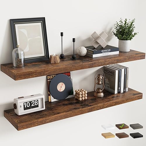 Miniatura 20 de Estantes flotantes para pared con soportes invisibles, estantes de madera de ingeniería montados en la pared con grano de madera para sala de estar,