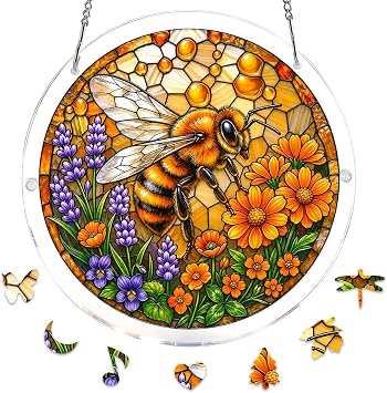 Acrylic Puzzle for Adults, Bee Stained Glass Acrylic Jigsaw Puzzle Suncatcher Window Hanging, DIY Sun Catcher Puzzle Unique Irregular Pieces, Home Decor Gift for Women Mom S