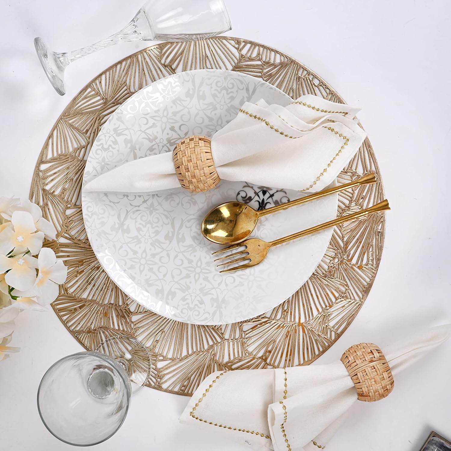 ALPHA Living HOME Farmhouse Napkin Rings - Rustic Natural Cane & Jute Serviette Holders for Elegant Table Decor, Weddings, Thanksgiving, and Everyday Dining- Set of 12 (Natural)