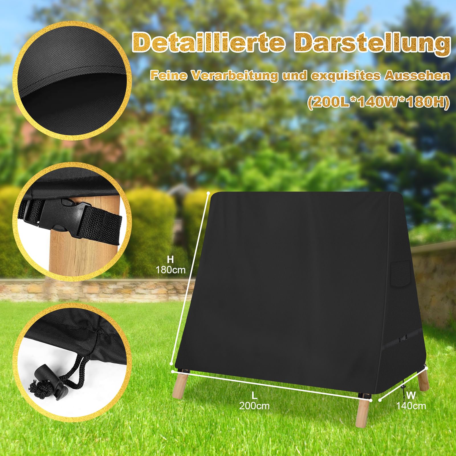 A-Rahmen-Schaukelabdeckung Schwerlast 600D Oxford Gewebe mit Schnallen und Kordelzug, Wasserdicht, Winddicht, UV-Beständiges Hollywoodschaukel Abdeckung Spitzdach (200 * 140cm,Schwarz)