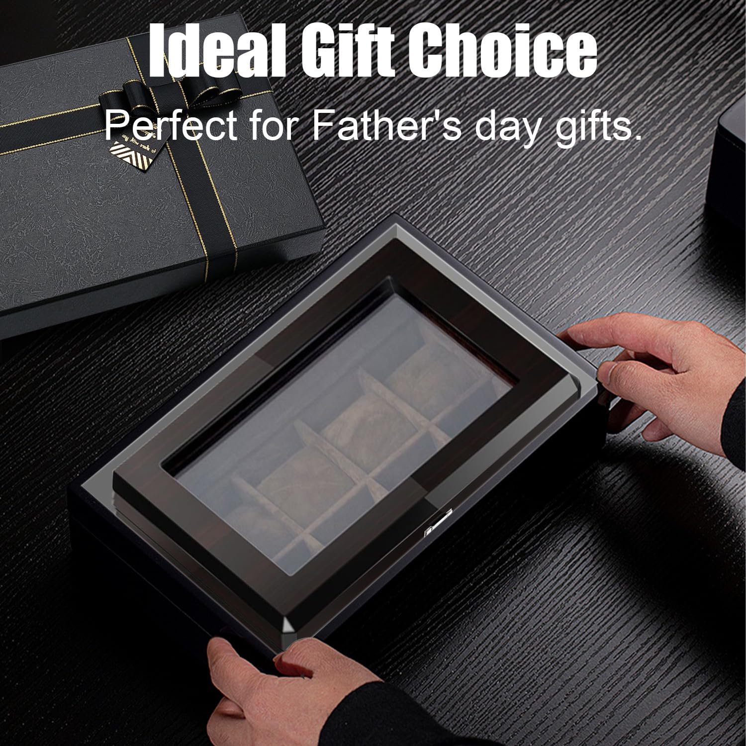 Caja de reloj con 8 ranuras, organizador de caja de reloj, tapa de cristal grande, caja de reloj clásica de ébano para hombres, caja de exhibición de reloj con almohada extraíble, regalo para