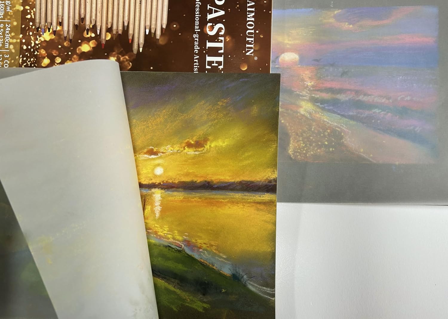 MAIMOUFIN 12-Sheet 3-Color Pastel Sandpaper Pad, Perfect Bound Pastel Paper Artist-Grade Heavyweight Grit Sanded Pastel Pad for Soft Pastel, Oil, Pencil, Charcoal & Acrylic Art Work (Dark Color)
