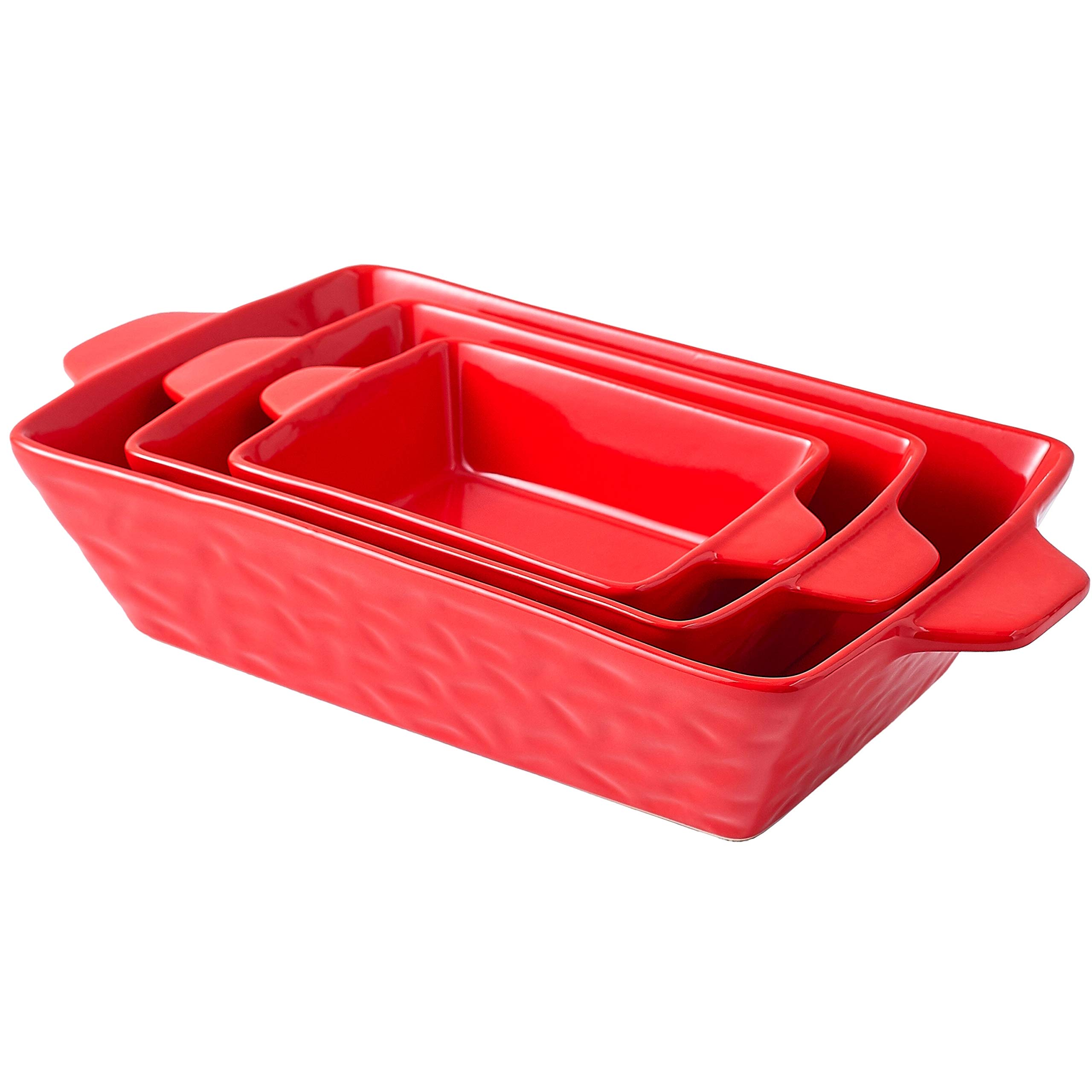 Bruntmor Rectangular Ceramic Glaze Bakeware Set | Baking Dish Oven Safe, Baking Pan Hammered Dish for Cooking, Lasagna Pan, Kitchen, Cake Dinner, Banquet and Daily Use | Set Of 3 (Red)