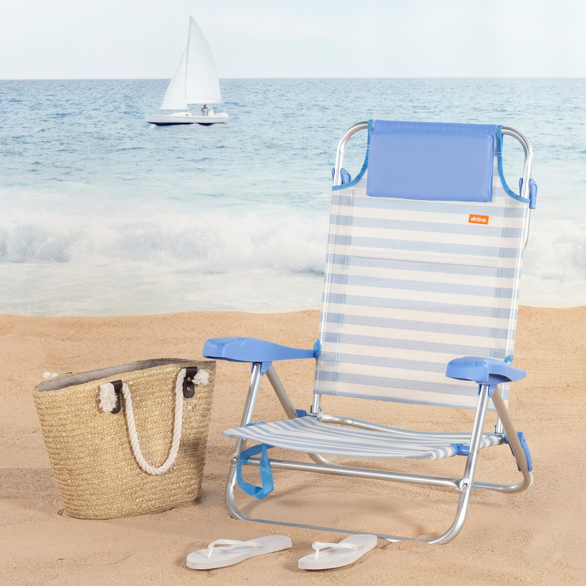 AKTIVE Silla de Playa Plegable, 8 Posiciones, Color Azul Rayas, Mide 48x50x80 cm, Soporta 110 kg, Asas de Transporte, Sillas Respaldo reclinable (62549)