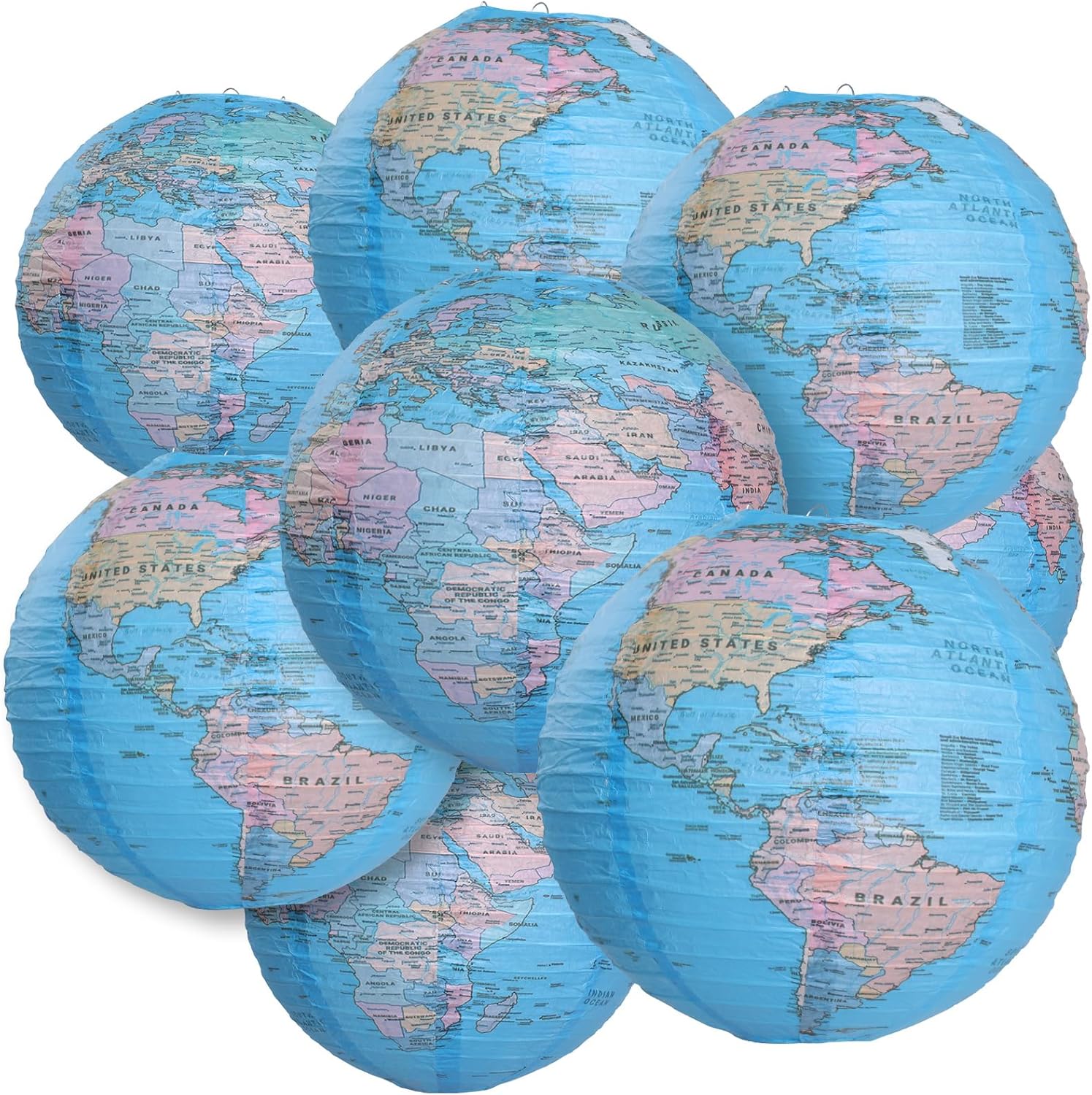 World Map Paper Lanterns, 10 Pack 12 Inch Hanging Globe Lanterns for Travel Parties, Classrooms, Birthdays, Geography Themes, and Home Decorations