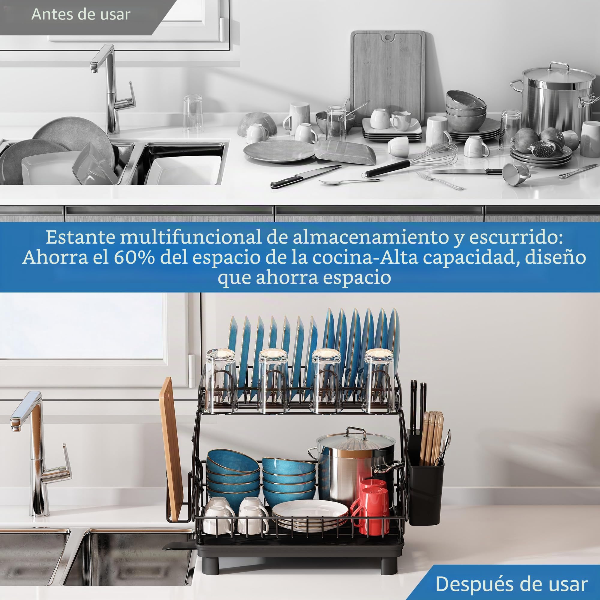 MAJALiS - Escurridor de Trastes Acero Inoxidable 304, Escurridor de Platos Grande de 2 Niveles con Drenaje, Estante de Almacenamiento para Cubiertos de Cocina，Viene con Almohadilla de Secado (Plata)