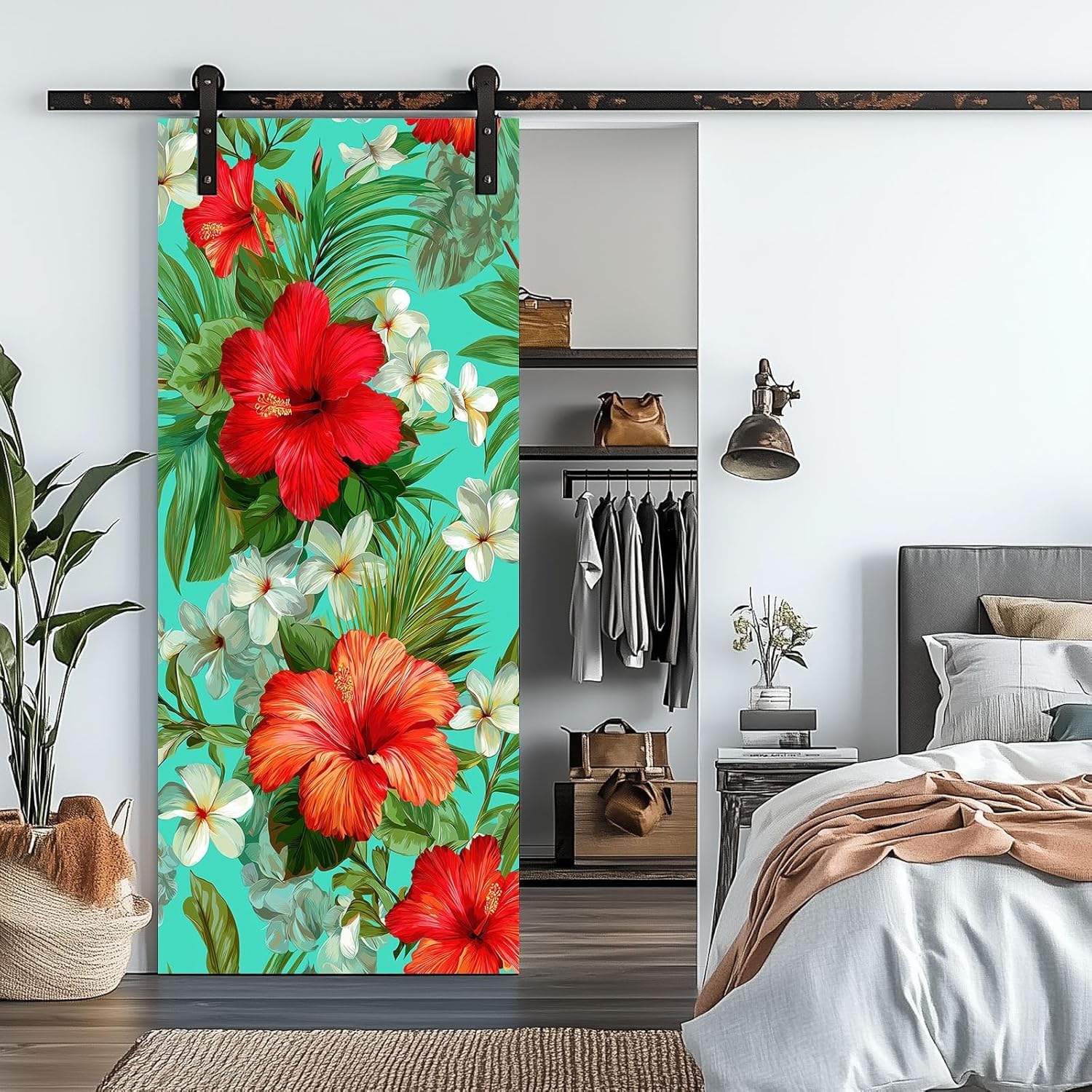 Sticker Porte Plantes Tropicales, Stickers Porte Trompe L'oeil Fleurs Autocollant Poster Auto-Adhésif Art Décor Pour Chambre Salon Salle de Bain Papier Peint 95x215 cm 4741n