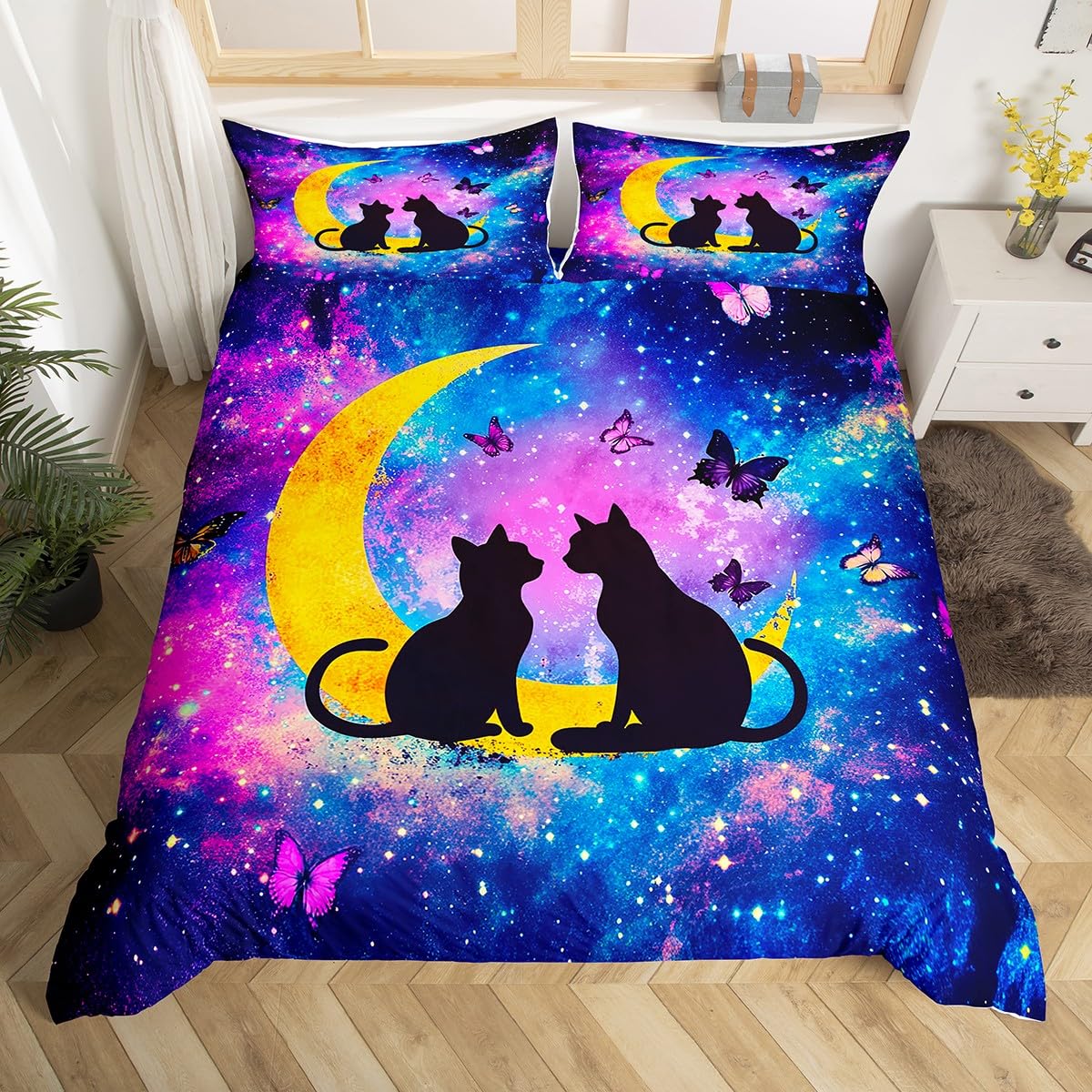 Homewish Couple Cat Single Bedding Sets for Kids Child Psychedelic Galaxy Duvet Cover, Wheat Comforter Cover, Duvet Cover + Pillowcase 2-Piece, Breathable
