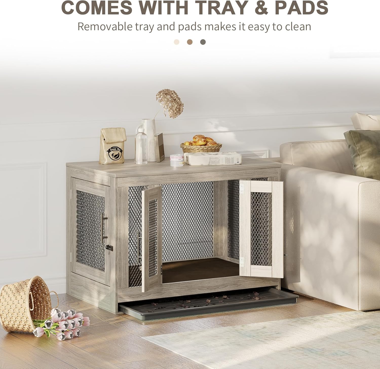 Furniture Style Dog Crate - Indoor Wooden Dog Kennel Furniture - Puppy Dog Cage with Flip-up Top and 2 Doors, 38.5” x 23.6” x 28”H, Grey