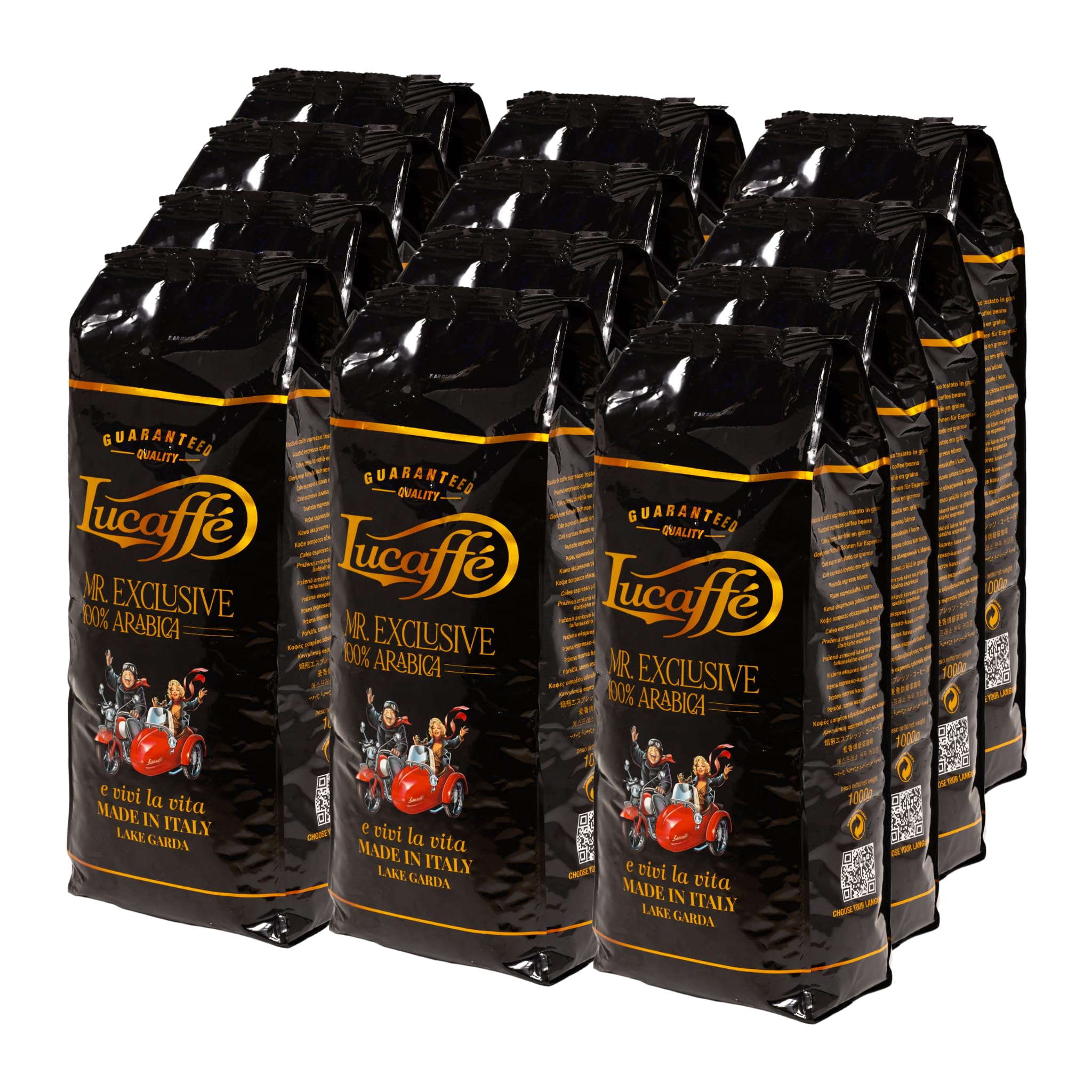 Lucaffé - Kaffeebohnen Mr. Exclusive 100% Arabica, 12 Packungen zu 1 kg | Kaffee aus ganzen Bohnen für Espresso | Mittlere Röstung | süß und weich Geschmack | intensives und umhüllendes Aroma