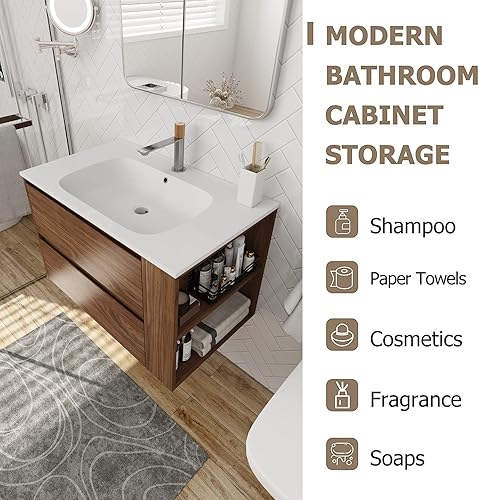 Miniatura 5 de Combo de lavabo flotante de 30 pulgadas para espacio pequeño, armario de tocador de baño montado en la pared con parte superior de lavabo de gel y 2