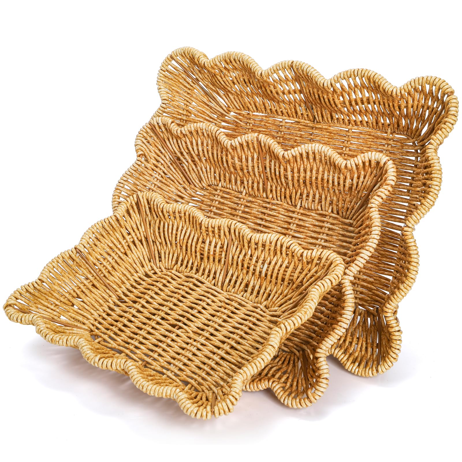 Jucoan 3 Pack Poly Wicker Bread Baskets, Imitation Rattan Fruit Baskets, Rectangular Tabletop Woven Serving Baskets Trays for Fruits Vegetables and Snacks, Restaurant Hotel Kitchen