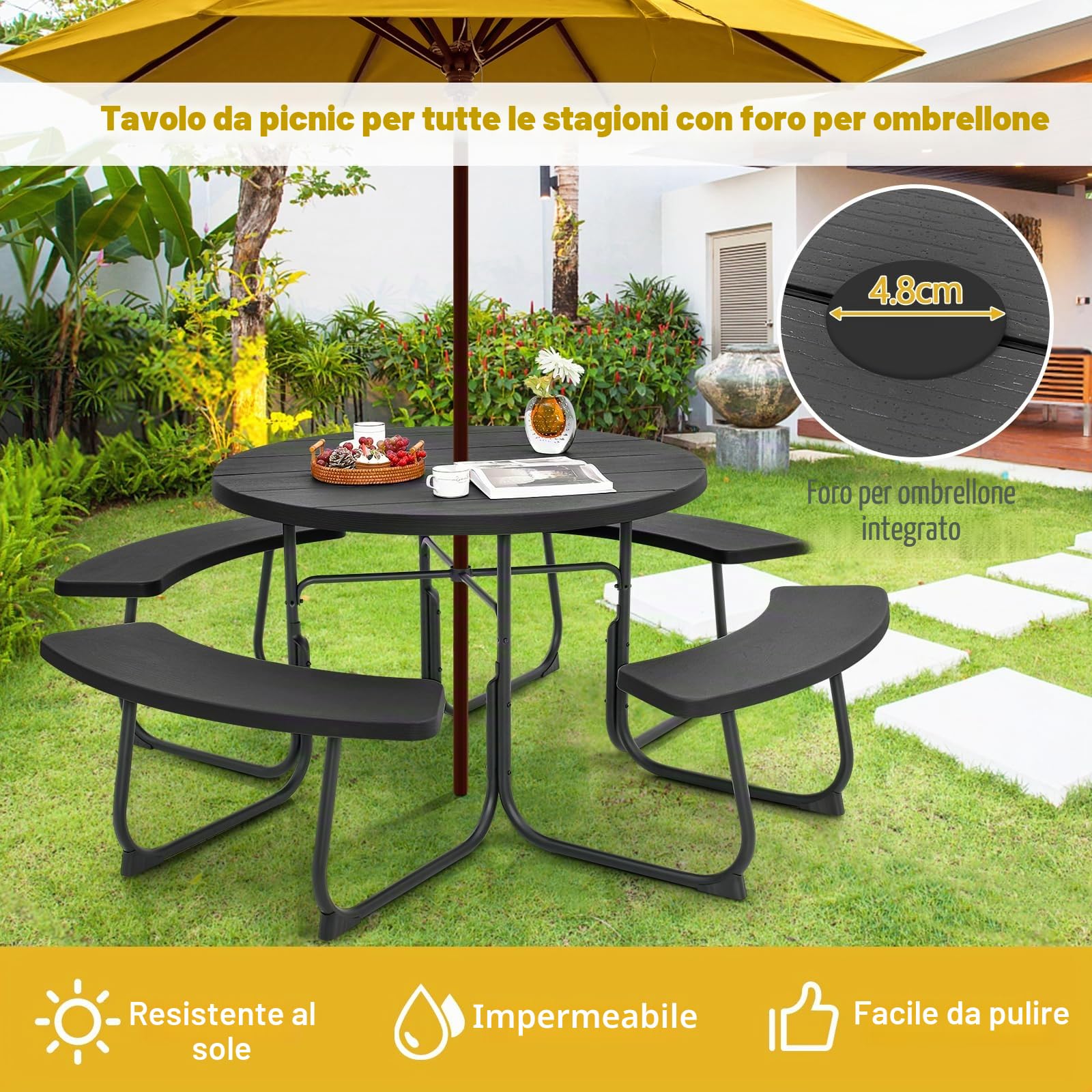 GIANTEX Set da Giardino e Picnic per 8 Persone, Tavolo Rotondo con 4 Panche Integrate, Tavolo da Birra in HDPE Impermeabile con Foro per Ombrellone, Arredamento da Esterno per Giardino e Terrazzo
