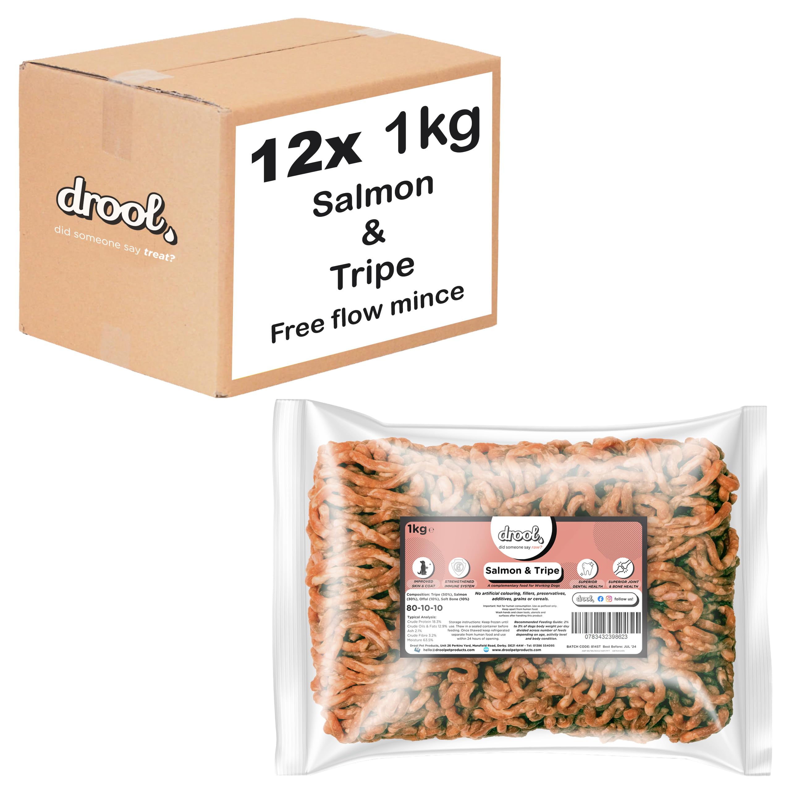 Drool Salmon & Tripe Freeflow Mince 12 x 1kg | 100% Natural Premium Raw Dog Food | Frozen Dog Food for Optimal Canine Health — image 1