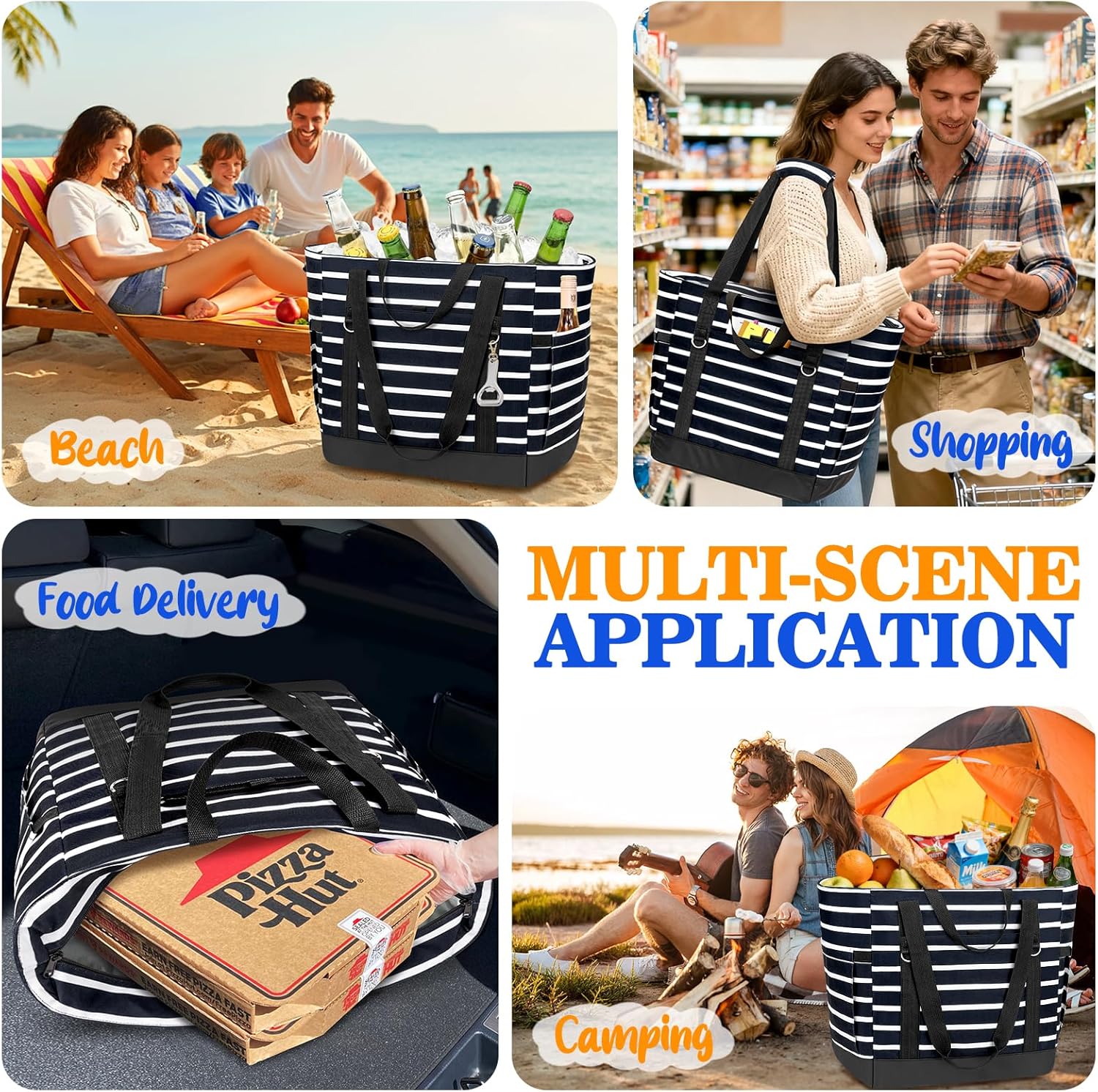 HUANLANG Soft Cooler Bag Insulated for Travel,Large Insulated Grocery Bags with Zippered Top,PEVA Collapsible Food Delivery Cooler Bag for Beach, Travel, Picnics