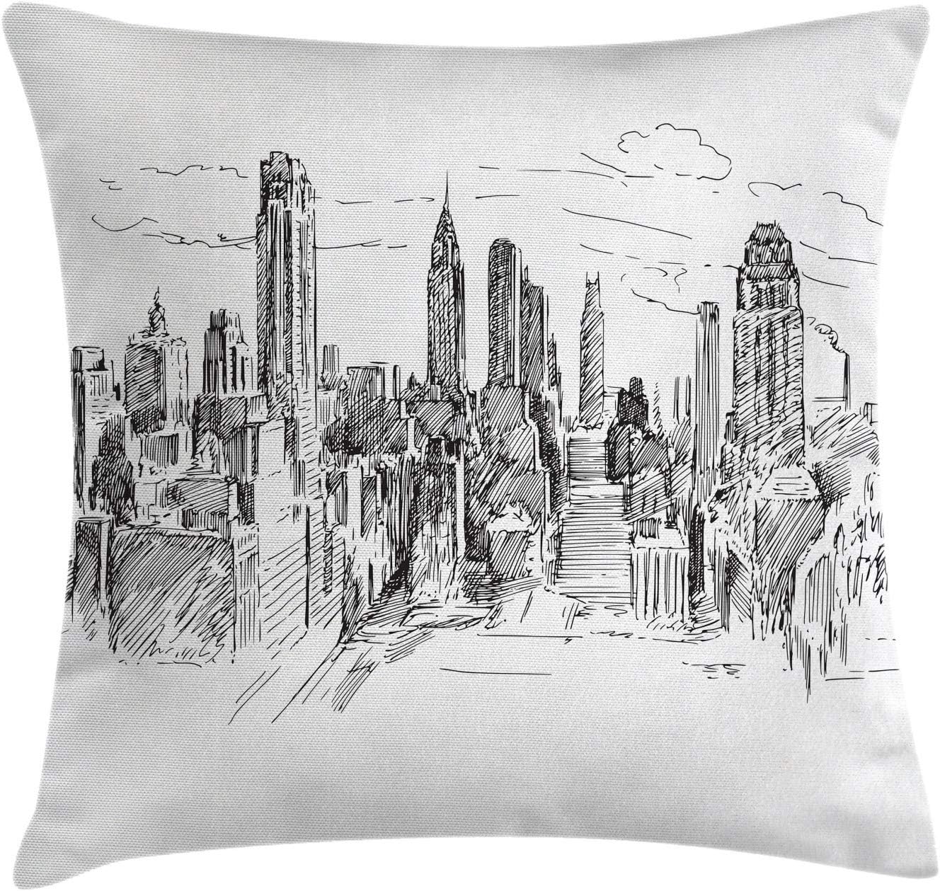 Ambesonne New York Throw Pillow Cushion Cover, Hand Drawn NYC Cityscape Tourism Travel Industrial Center Town Modern City Design, Decorative Square Accent Pillow Case, 20" X 20", Black White 20" x 20" Black White