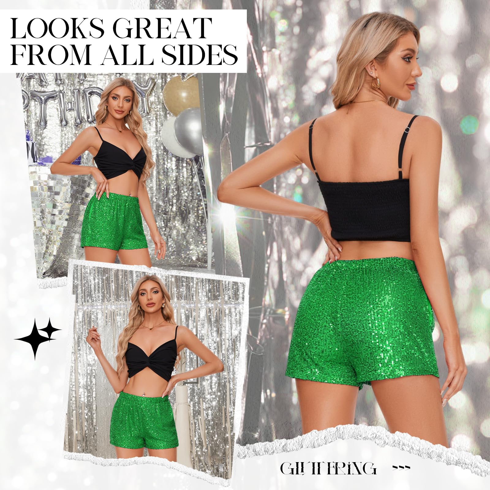 Durio Sequin Shorts for Women High Waisted Glitter Sparkly Shorts Concert Outfit for Women Disco Party Dance Festival Rave