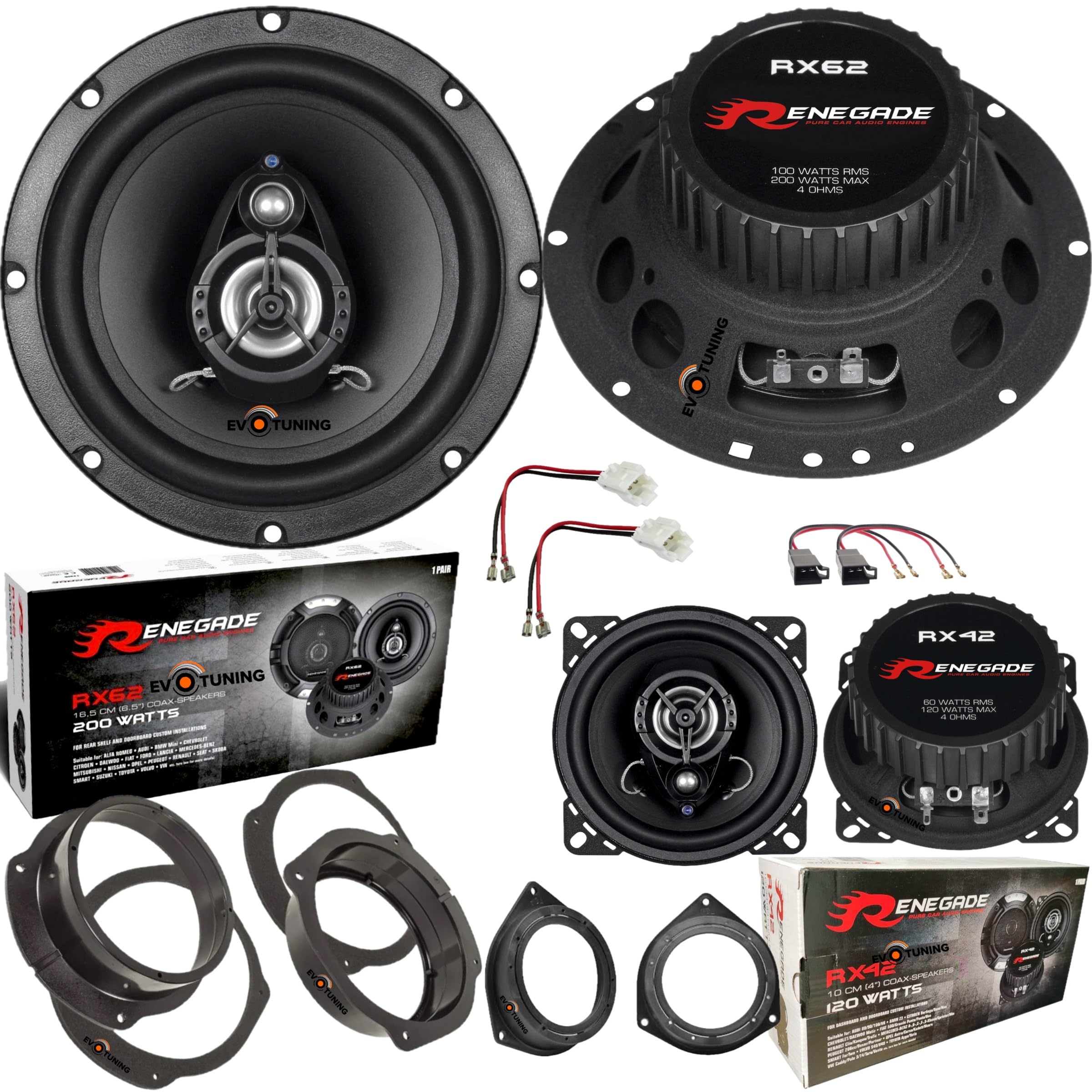 Kit 4 Casse Altoparlanti Anteriori e Posteriori per Fiat Bravo dal 2007, Set 4 Coassiali 2 Vie, compatibile con Renegade RX62 da 165mm e da RX42 da 10cm + 4 Anelli e Cavi Adattatori