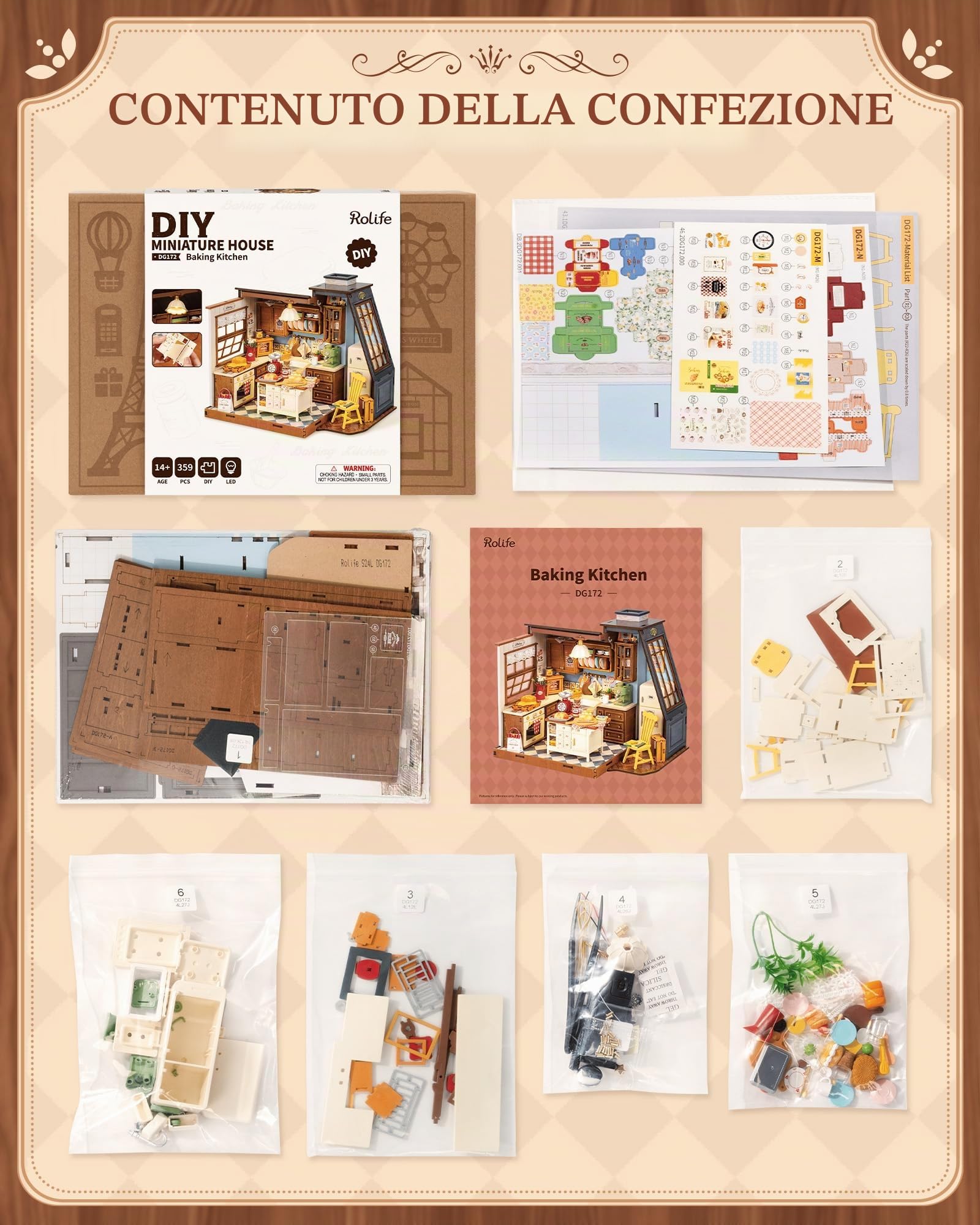 Rolife Casa delle Bambole Cucina da Forno Kit Fai-da-te Casa Miniatura Kit Modello Casa delle Bambole Miniatura Angolo Libreria Decorazione per la Casa Regalo di Compleanno