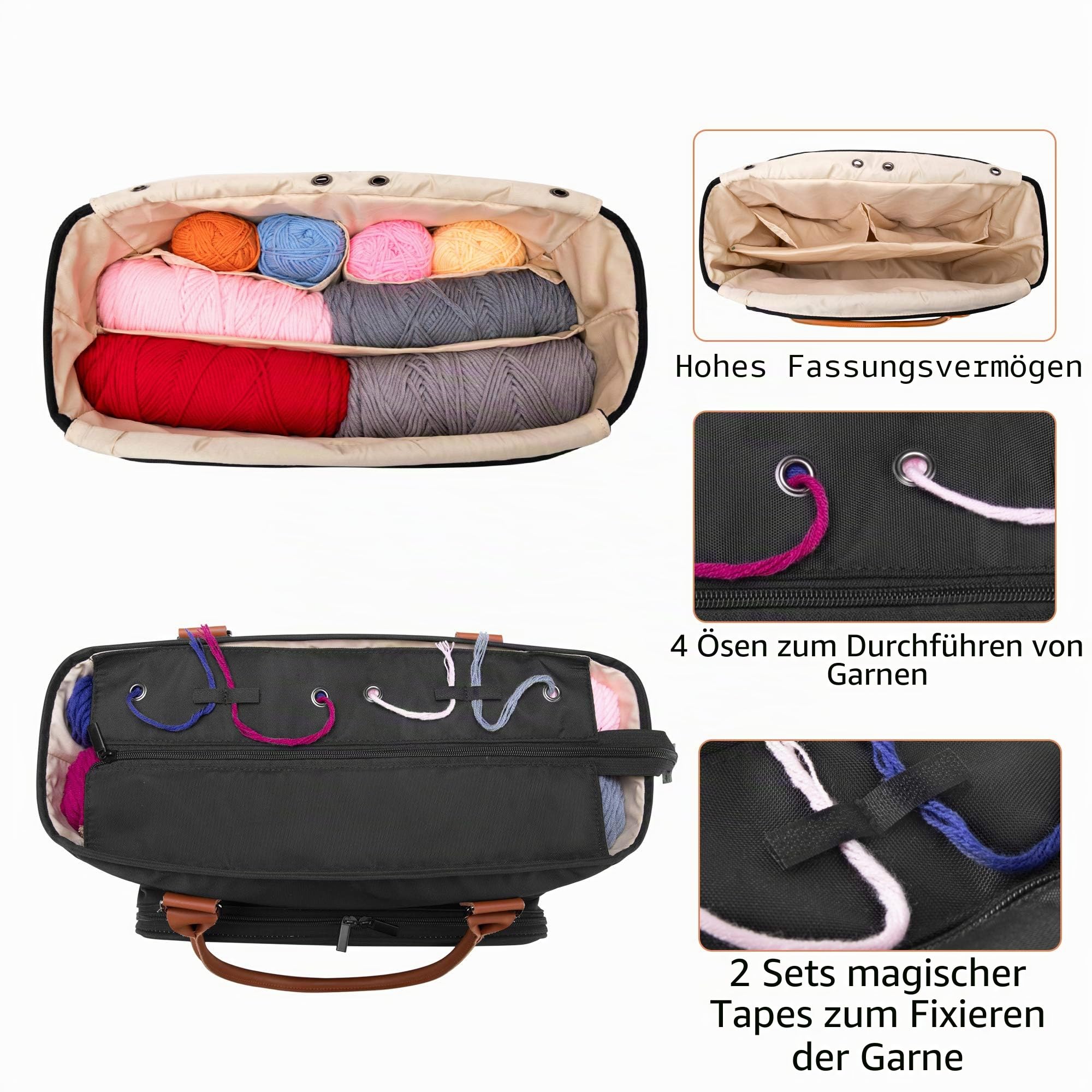 Yarwo Stricktasche mit Griff aus PU-Leder und Taschen für WIP, Stricktasche, Aufbewahrung für Wollknäuel, Stricknadeln, Häkelnadeln und anderes Zubehör für Stricken und Häkeln, Schwarz
