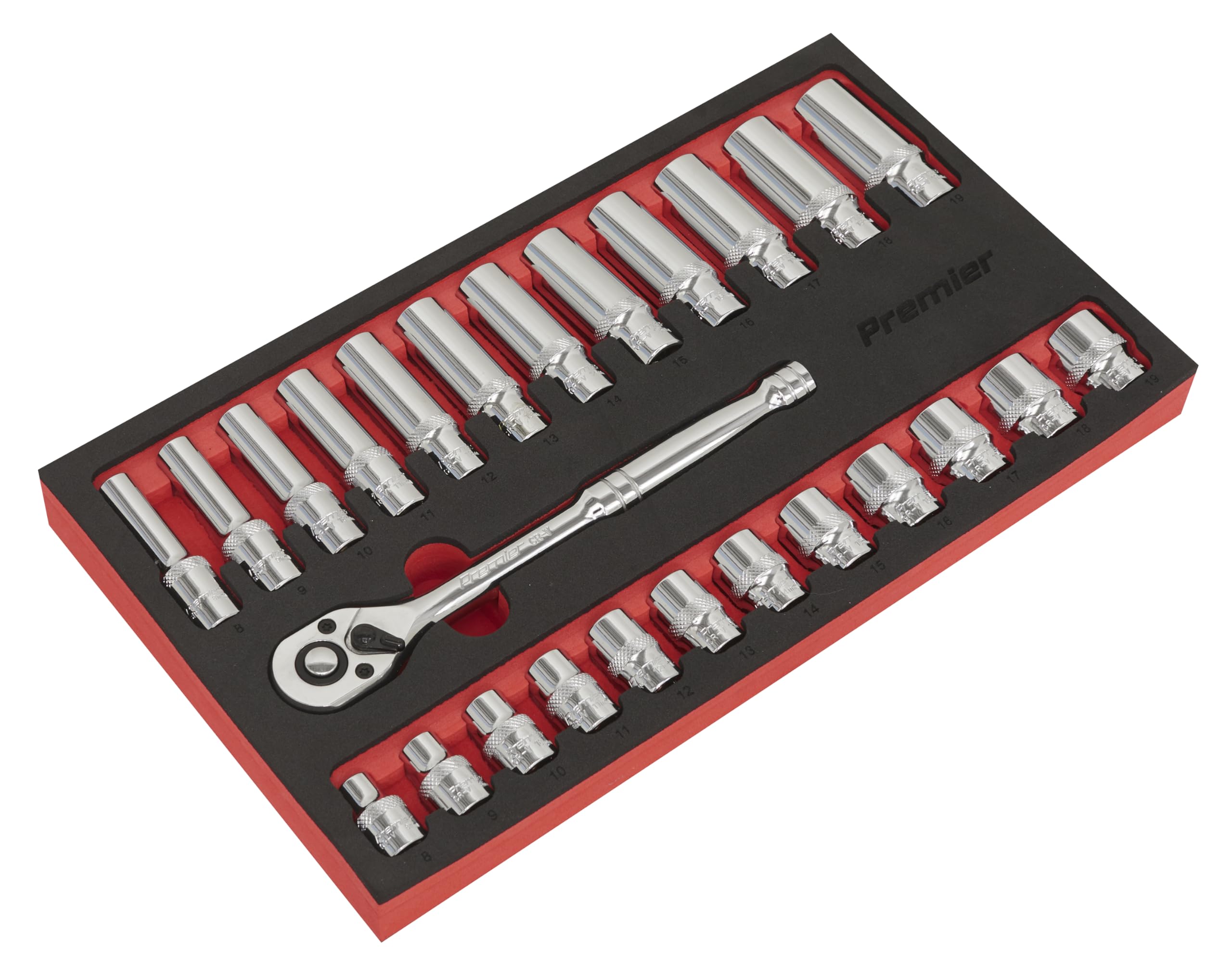 Sealey Ak66722 Ratchet Wrench & Socket Rail Set 25Pc 3/8In Sq Drive