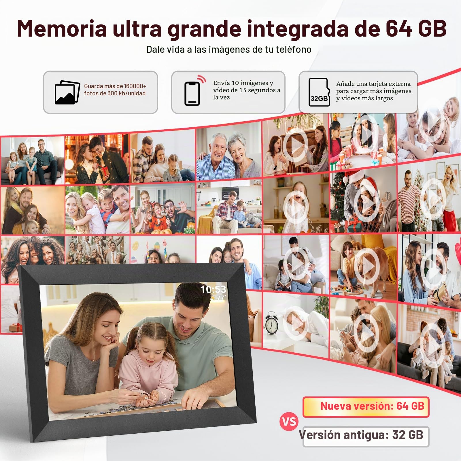 Hesmor 64GB Marco de Fotos Digital WiFi 10,1 Pulgadas Pantalla Táctil Marco Digital IPS 1280 x 800 Rotación Auto Frameo Portaretratos Digitales de Fotos Inteligente Soporte Foto, Música, Video, Negro