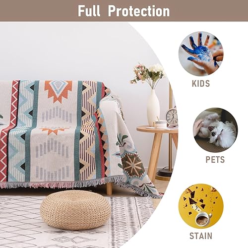 Miniatura 5 de Homcosan Funda de sofá reversible geométrica para sofá de 2 plazas, funda de sofá bohemia con borlas, protector de sofá para mascotas y niños