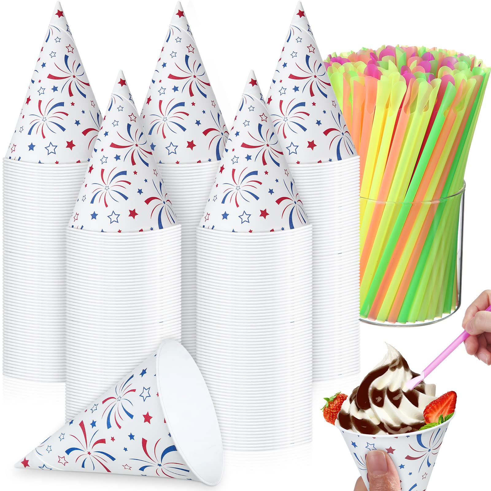 Honeydak 200 Pack 4.5 oz Independence Day Snow Cone Cups and Spoon Straws Set, Disposable Paper 4th of July Snow Cone Cups and Straws Shaved for