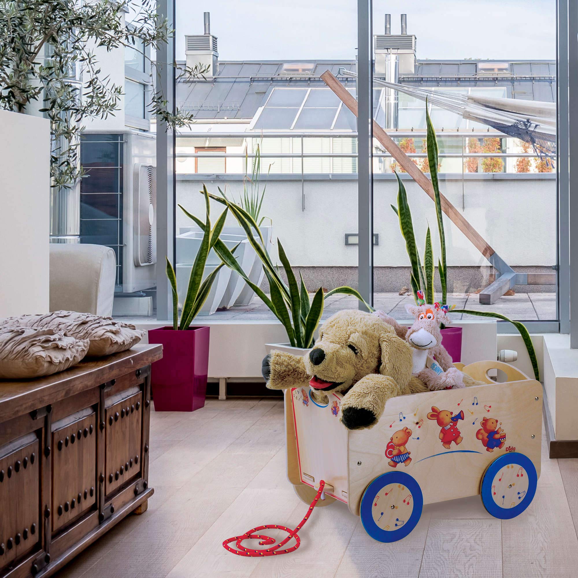 Dida - I Musicanti: Carretto Trainabile in Legno per Bambini 2-4 Anni, Giochi Educativi Montessori con Ruote, Porta Giochi Divertente e Stimolante