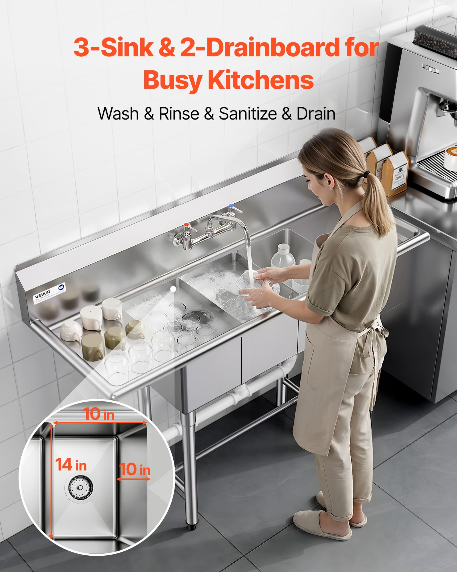 VEVOR Spülbecken mit 3 Becken & 2 Abtropfflächen & Spritzschutz, Küchenspüle (1372 x 508 x 1097 mm), Küchenspüle für Restaurants Imbisswagen Privaten Gebrauch, Edelstahlspüle Silber