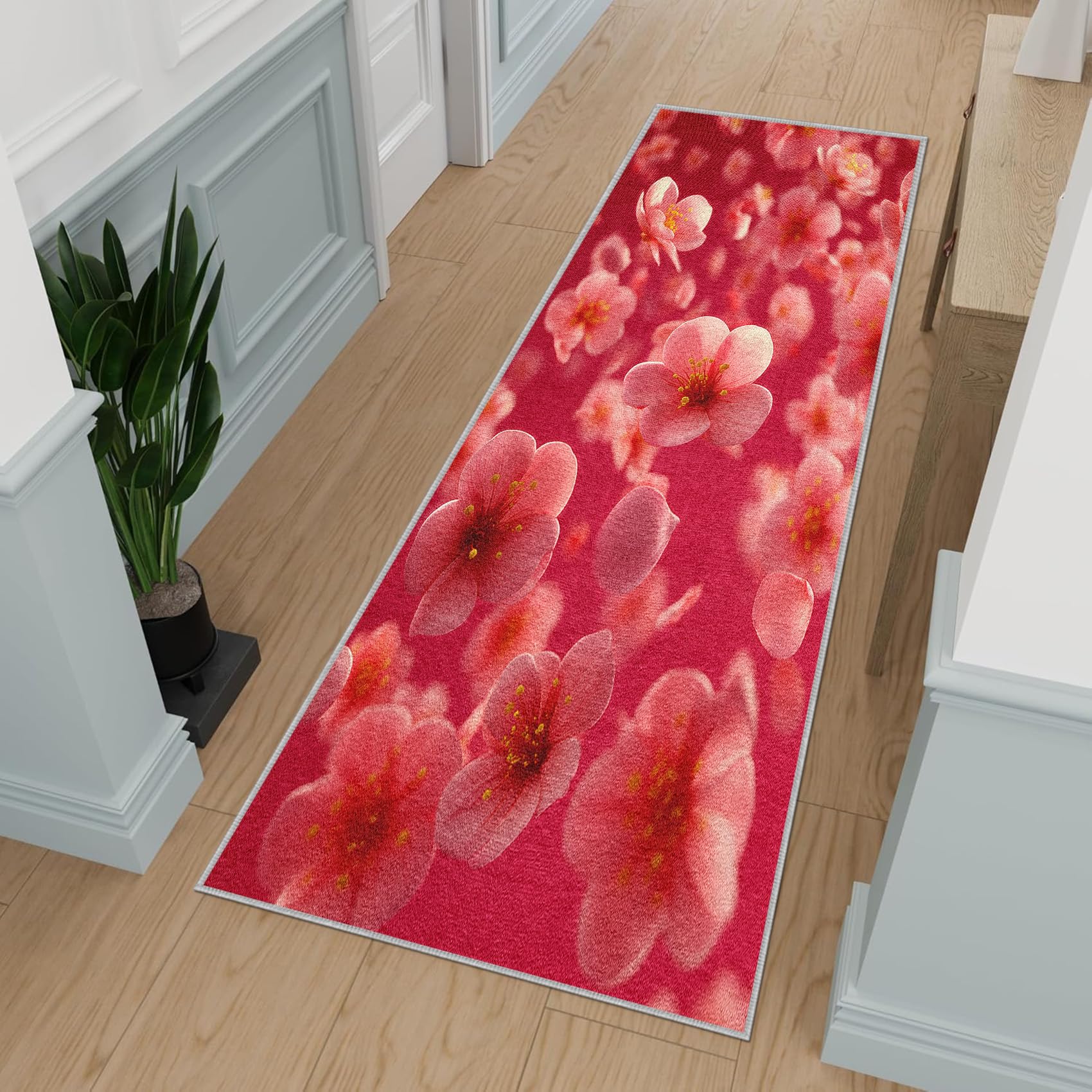 Fleurs de Cerisier Tapis de Couloir Floral Fleurs Tapis de Couloir Long 60 x 120 cm Passage Antidérapant Lavable en Machine D'entrée Chambre Salon Descente de Lit Poil Ras Rug