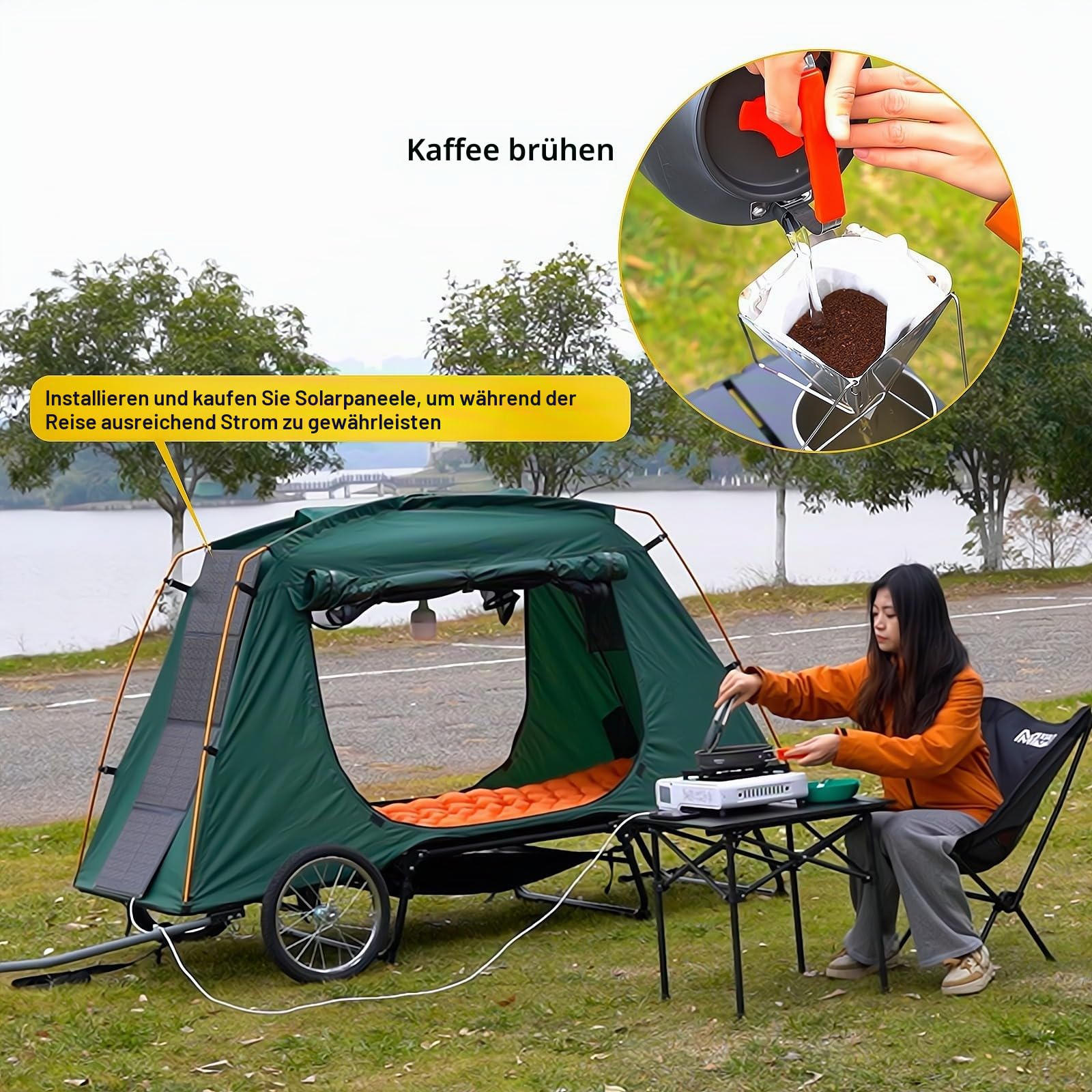 Jagahaha Elektrisches Fahrrad-Camper Trailer-Zelt, zusammenklappbar, wasserdicht, 40,6 cm (16 Zoll), PU2000 mm, Quick 2 Min. Einstellung, erhöhter Schlaf mit Moskitonetz, ideal für E-Bike Camping Sport & Freizeit