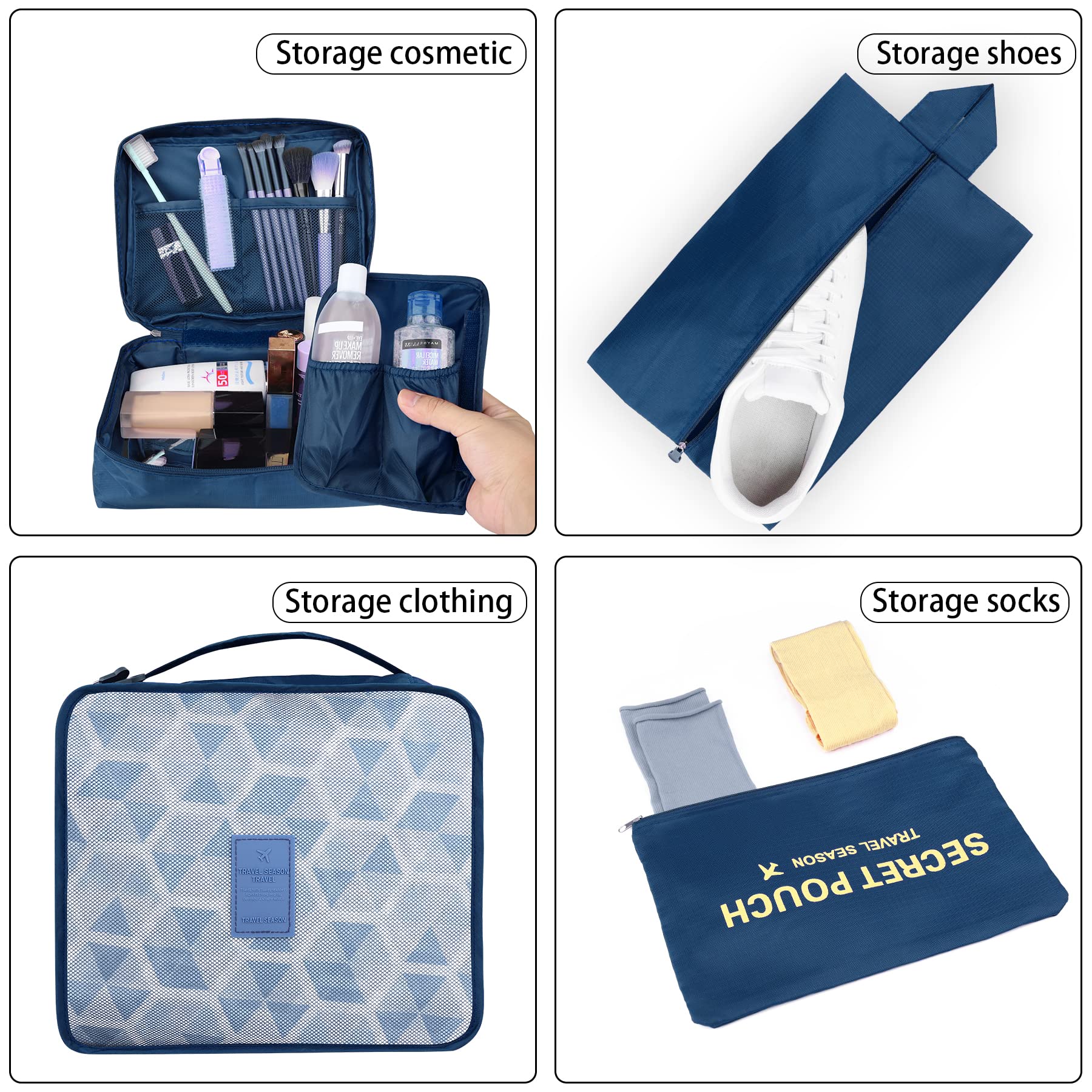 Coolzon Organizer Valigie Viaggio Set 8 Pezzi set, Cubi di Imballaggio Organizer Valigia Perfect Storage Travel Luggage Organizer per i vestiti,Cosmetici,Scarpe,Intimo, Blu Navy