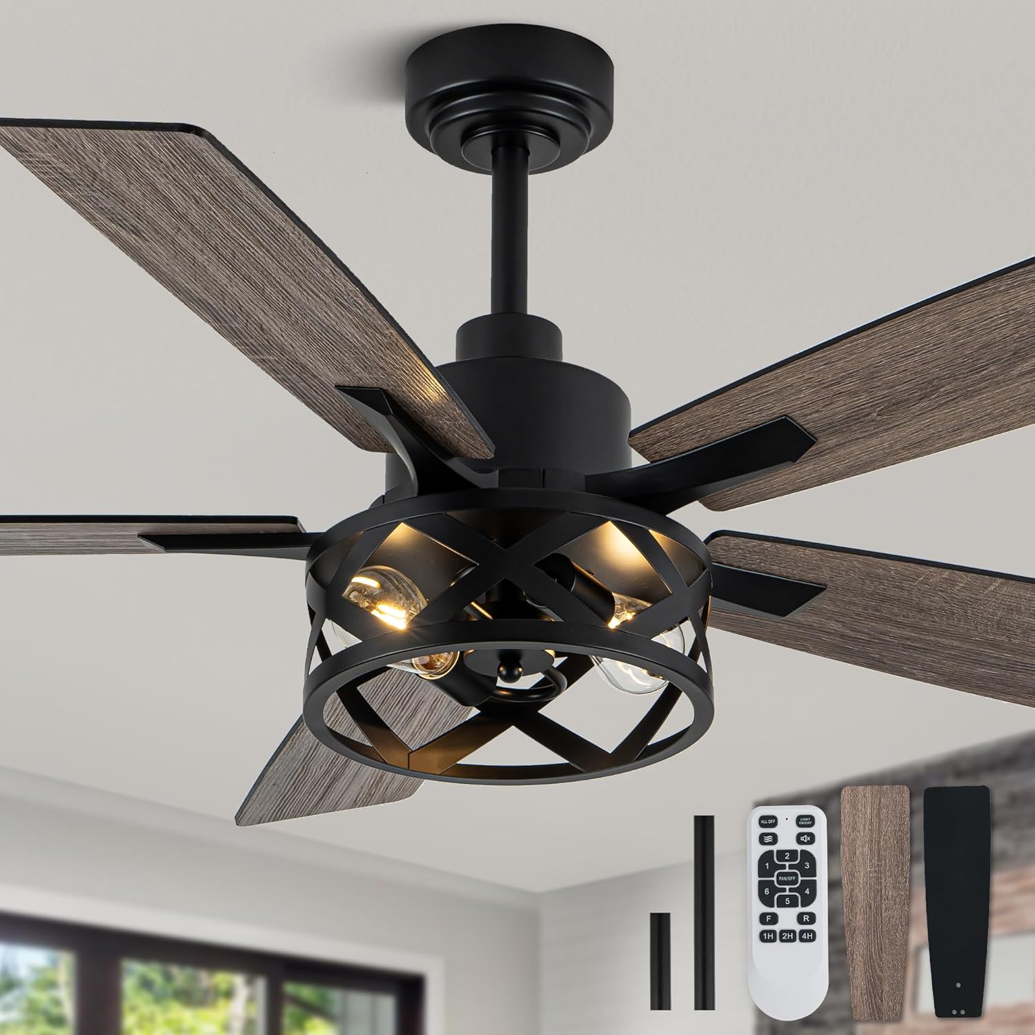52" Farmhouse Ceiling Fan with Lights and Remote,Ceiling Fan with Rustic Caged Light Fixture,Reversible DC Motor,5 Double Finish Wood Blades for Patio, Living Room, Dining Room,Bedroom
