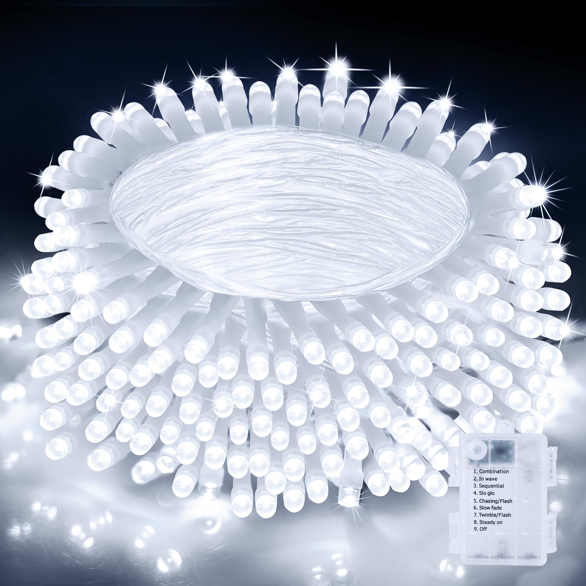 Nextronix Guirnalda de luces que funcionan con pilas, 20 m, 200 LED, luces de hadas de Navidad para interiores con 8 modos de temporizador, IP44, impermeable, para exteriores, color blanco frío para