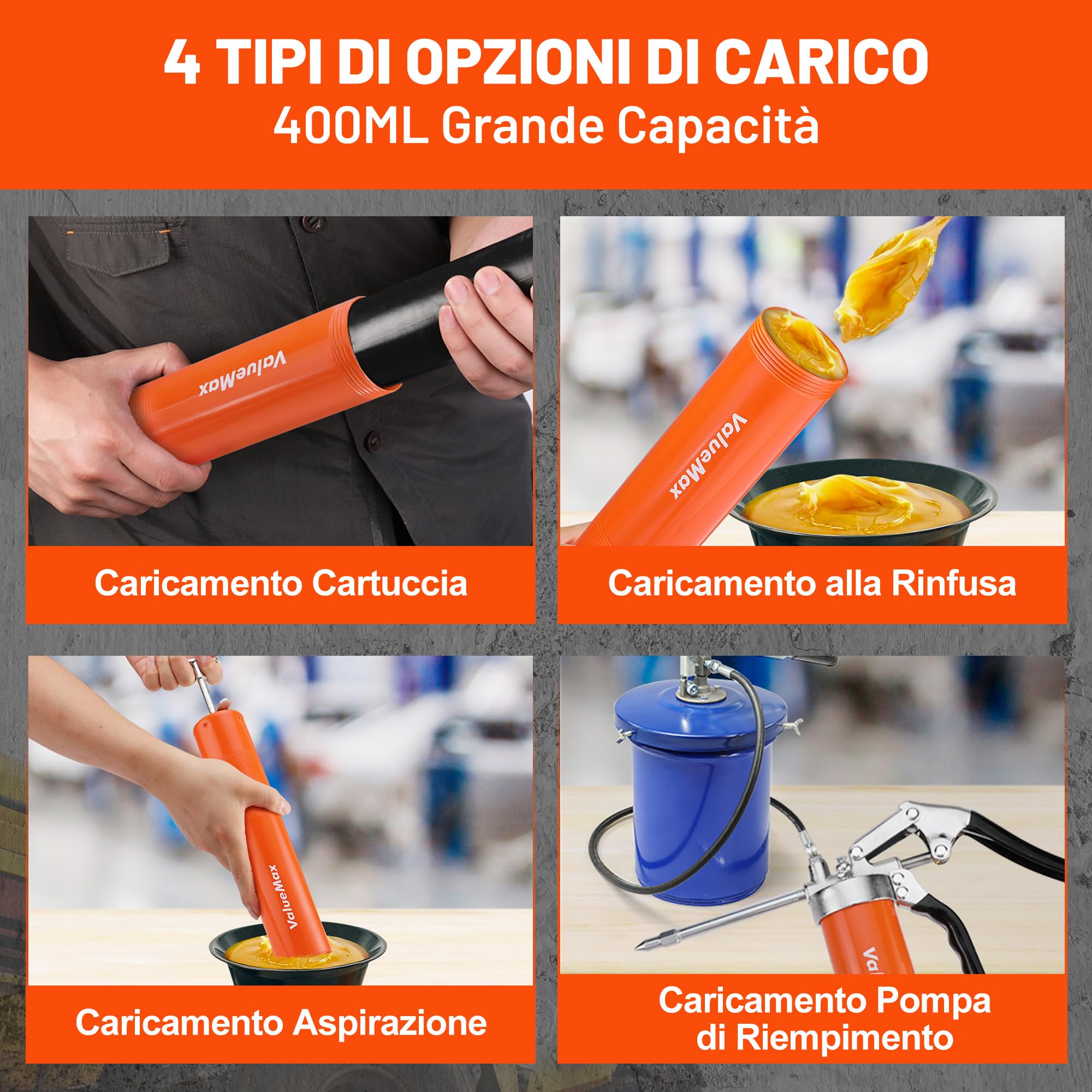 ValueMax Pistola per Grasso, con Tubo Flessibile, Pistola per Grasso da 6000 PSI con Capacità di 400 ml, Tubo Resistente, Tubi e Ugello in Metallo
