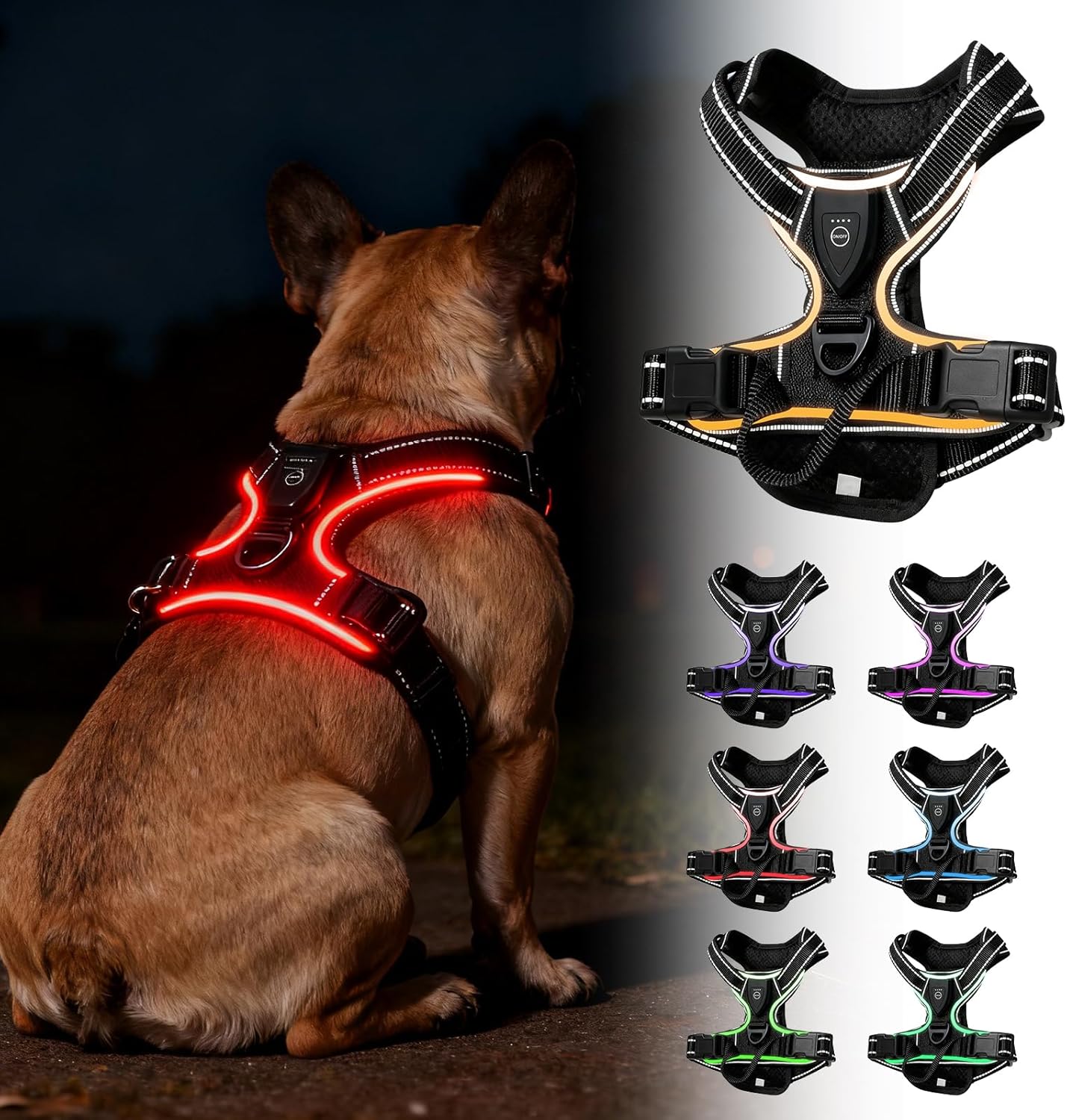 Leuchtendes Hundegeschirr, LED-Hundegeschirr wiederaufladbar mit Griff, Leuchtgeschirr, LED verstellbar, 7 Farben, leuchtendes Brustgeschirr, Anti-Pull-Atmungsaktivität & Komfort für Hunde, 7,5–17,5 kg (schwarz, M)