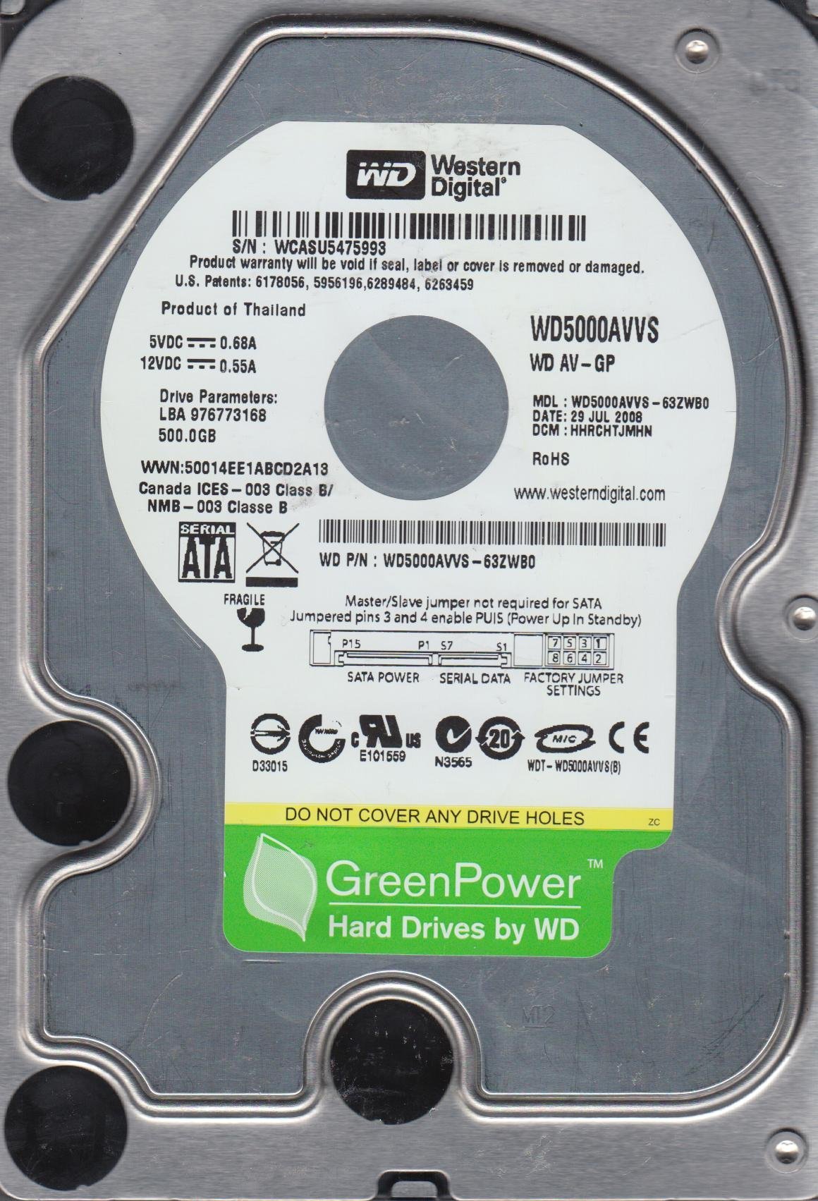 WD5000AVVS-63ZWB0, DCM HHRCHTJMHN, Western Digital 500GB SATA 3.5 Hard Drive