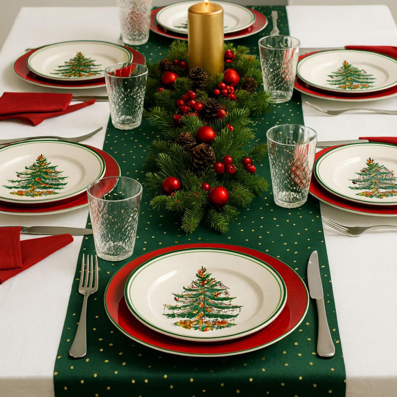 Elegant Green Spotty Christmas Table Runner with Gold Accents – 3m Festive Holiday Decor