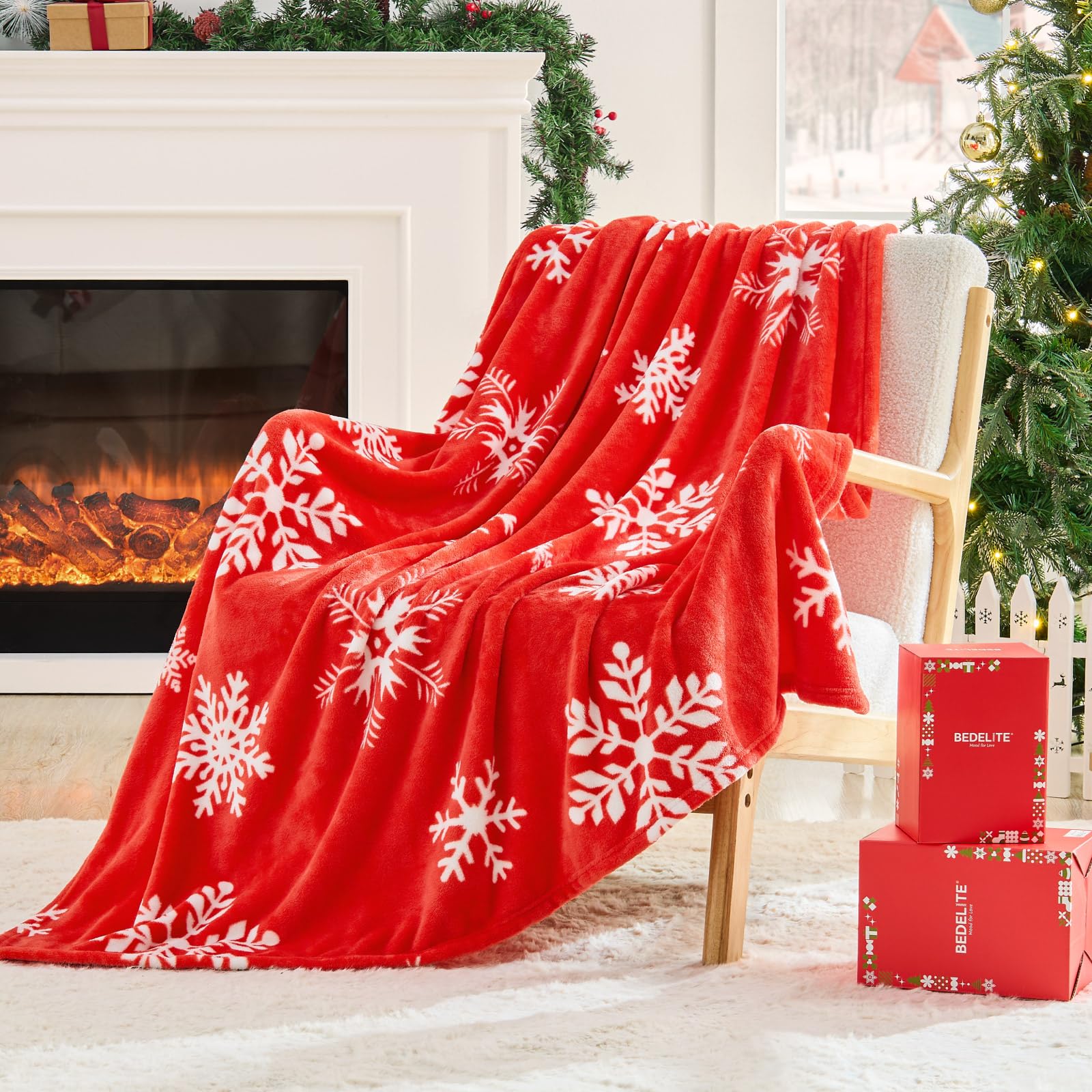 BEDELITE Christmas Throw Blanket– Cozy Holiday Blanket with Red Snowflake Design, Soft Lightweight Fleece Christmas Blanket for Couch &amp; Bed, Festive Home Décor &amp; Gift, 50"x60"