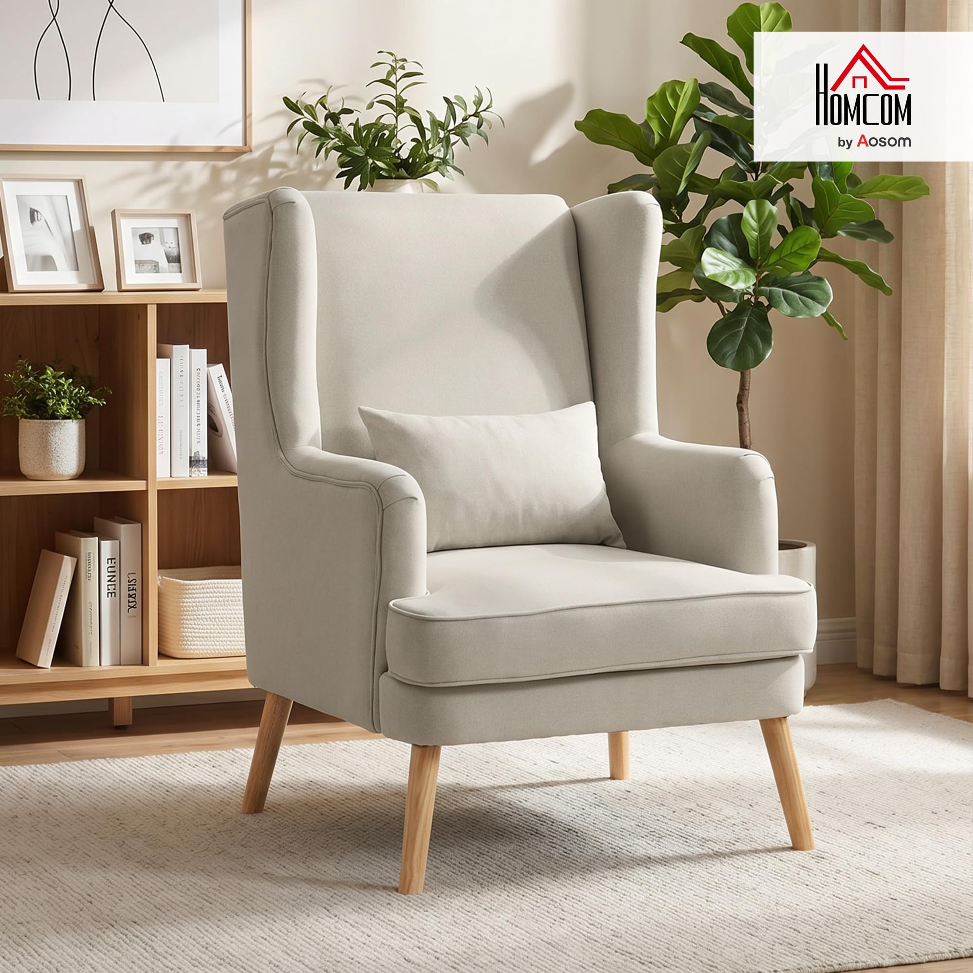 HOMCOM Ohrensessel mit Lendenkissen Hoher Rückenlehne Breitem Sitz Beige