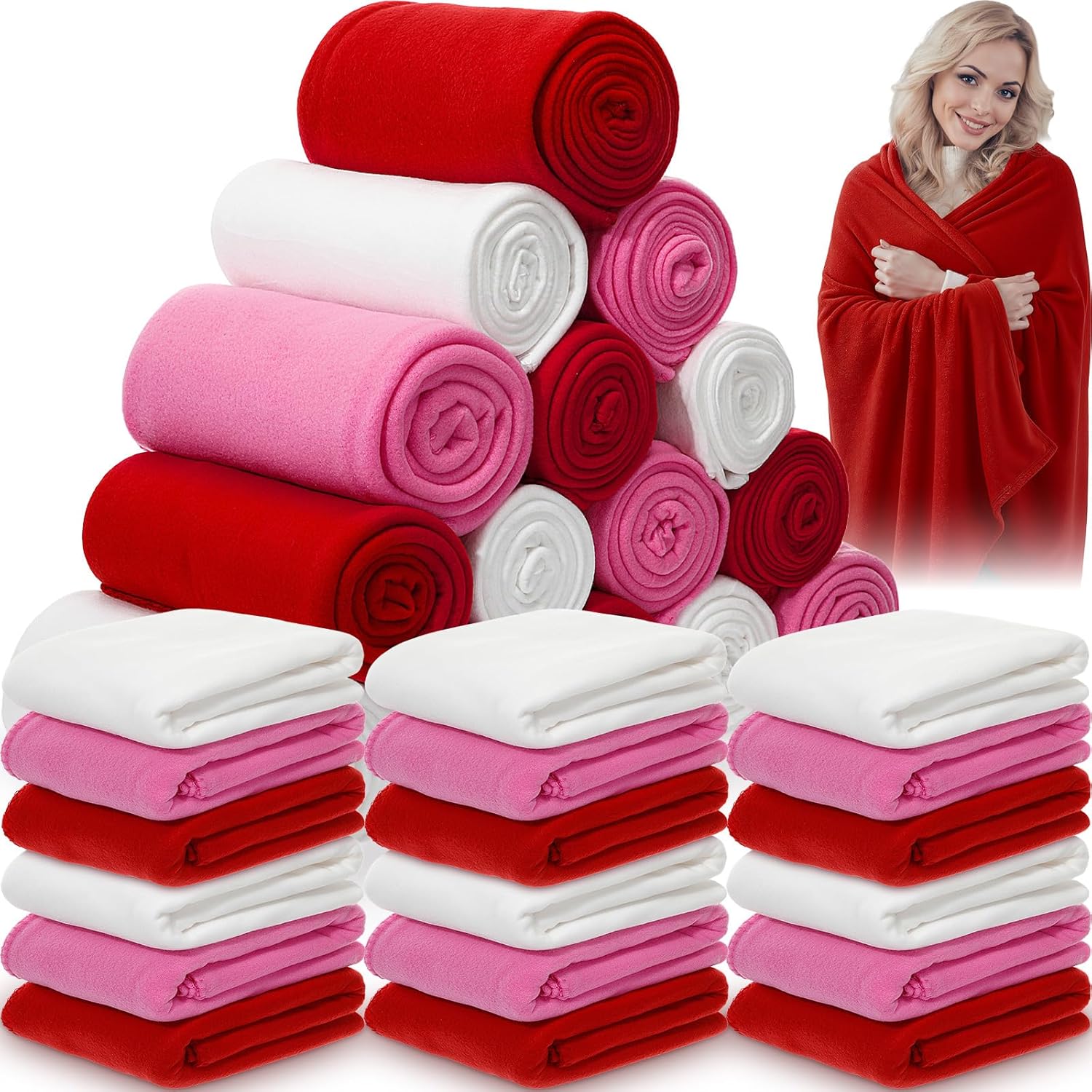 Remerry 32 Pcs Valentines Blanket Bulk 60 x 50 Inch Large Fleece Blankets Cozy Double Sided Throws Wedding Gifts for Women Men Classroom Exchange Office Party Favors Home Decor