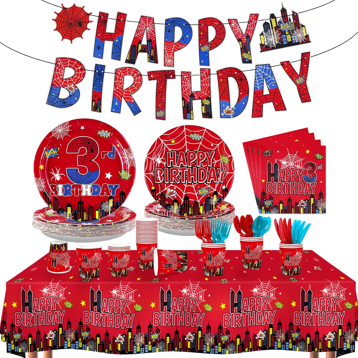 171Pcs Spider 3rd Birthday Party Decorations Super Theme Hero 3rd Birthday Tableware Serves 24 Includes Plates Napkins Cups Tablecloth Banner Forks Spoons Knives for Kids 3 Year Old Party Supplies