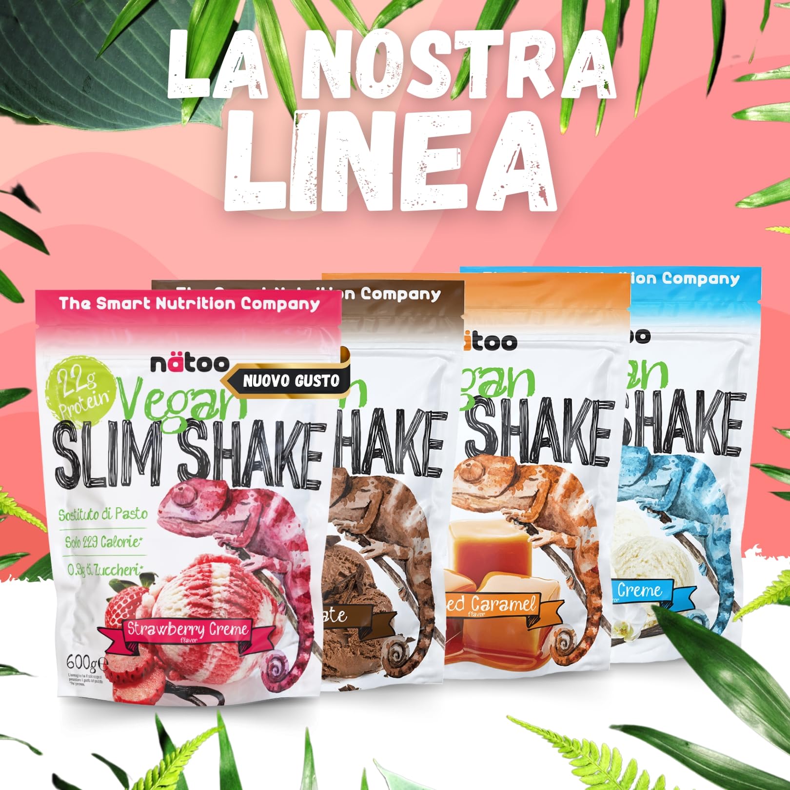 NÄTOO Pasto Sostitutivo Vegan Slim Shake Proteico - Sostituto di pasto completo per il controllo del peso a base di proteine vegetali con 27 minerali e vitamine - 600gr. (10 porzioni) (Fragola)