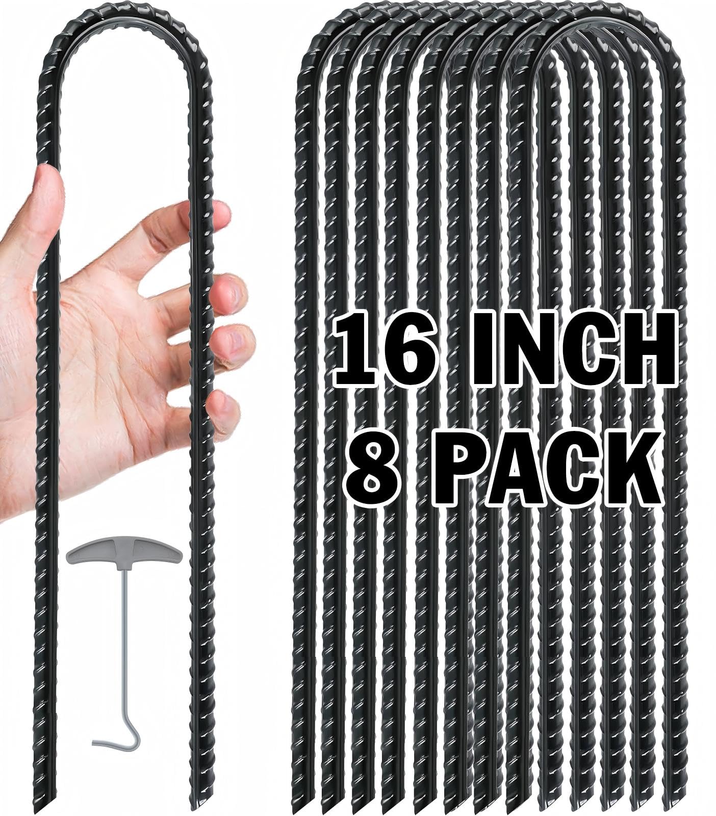 Gtongoko Confezione da 8 ancoraggi per trampolino ad alto vento, 40,6 cm, picchetti in acciaio zincato, kit di ancoraggio per trampolino, a forma di U, colore nero
