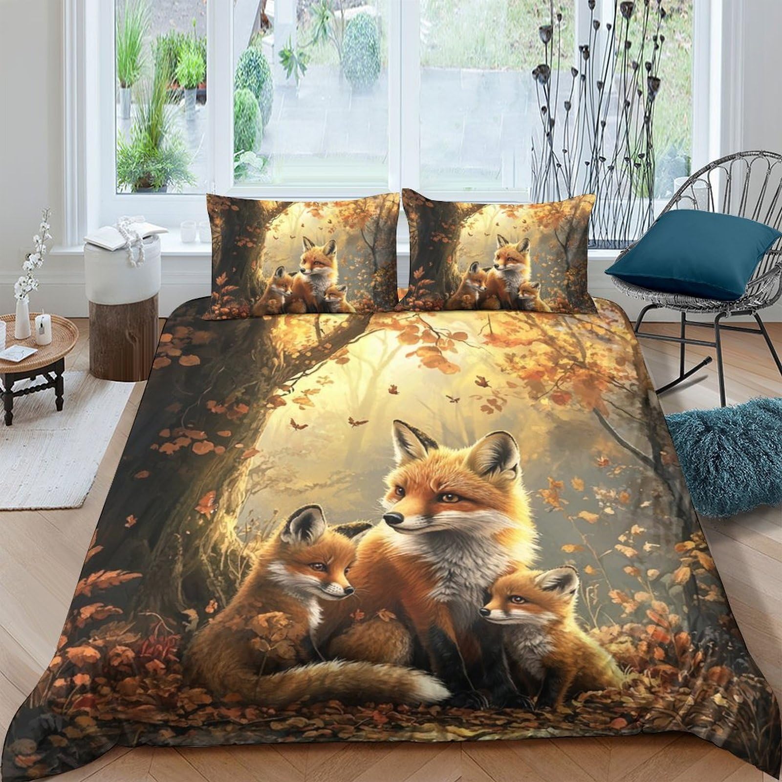 Ctjqhvkz Style-5 3D Printed Forest Fox Fitted Sheet Microfiber Soft Autumn Leaves Bed Cover For Bedroom Dorm Mattress Protection Single（135X200cm）