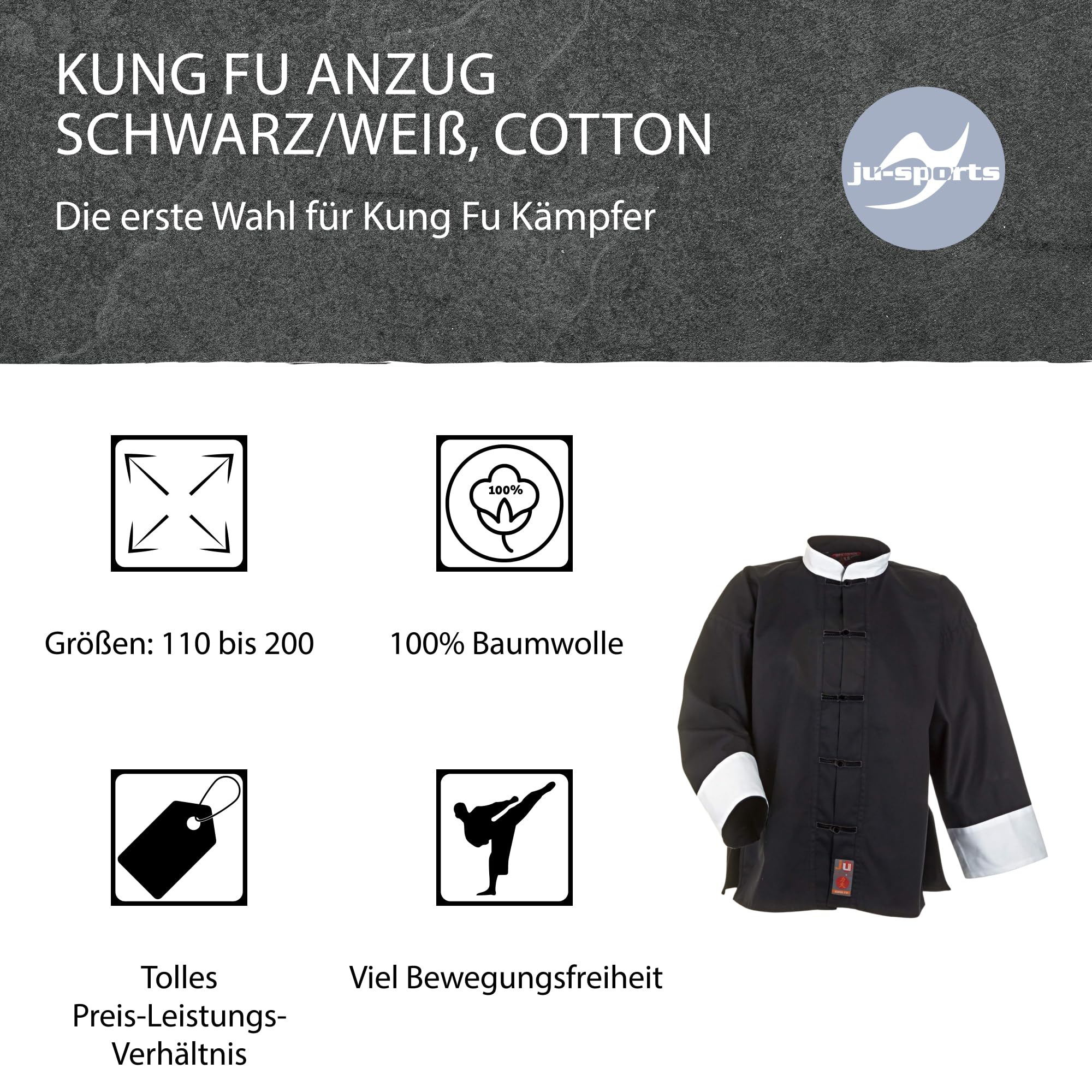 Ju-Sports Kung Fu Anzug Schwarz/Weiß, 100% Baumwolle, klassischer Schnitt, Kampfanzug mit Kordelknöpfen & Elastikbund
