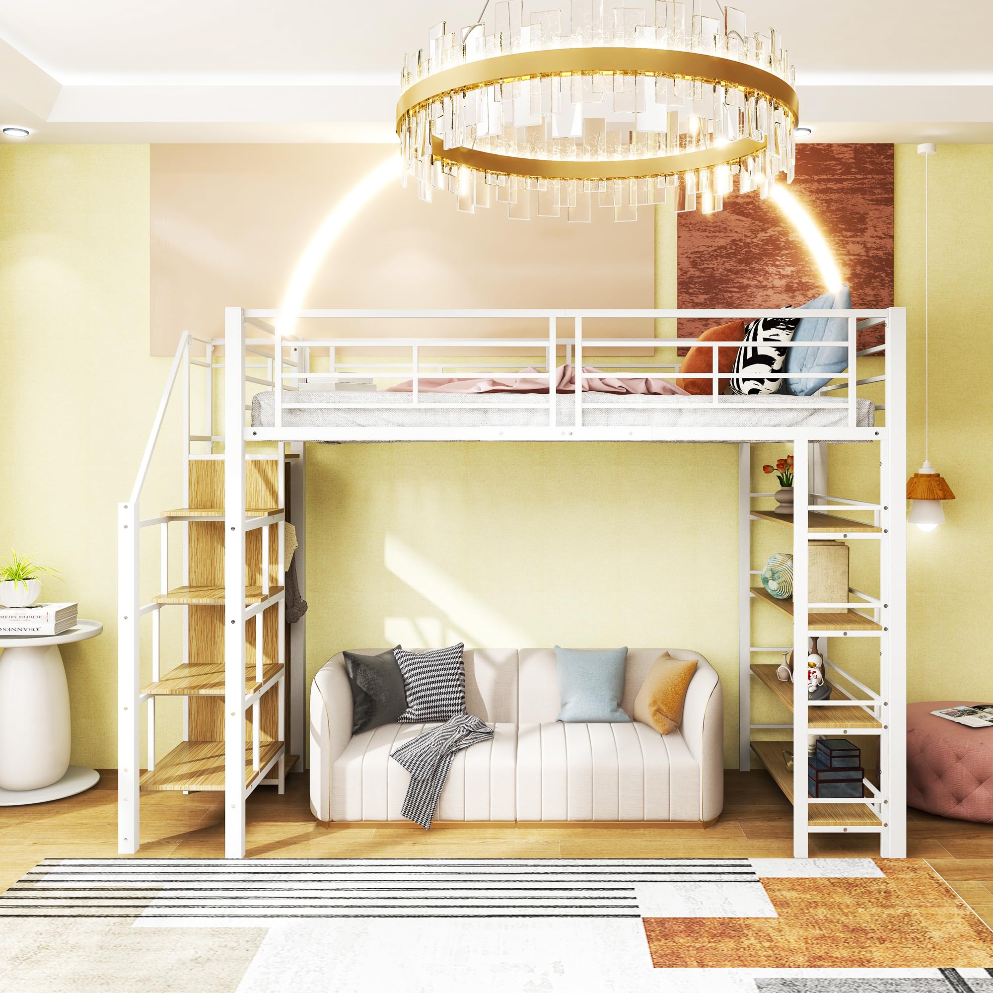 Letto a soppalco 90 x 200 cm, con scala di sicurezza, vano portaoggetti e piccolo armadio, ripiani, design a recinzione, letto singolo, letto per ragazzi (bianco, 90 x 200 cm)